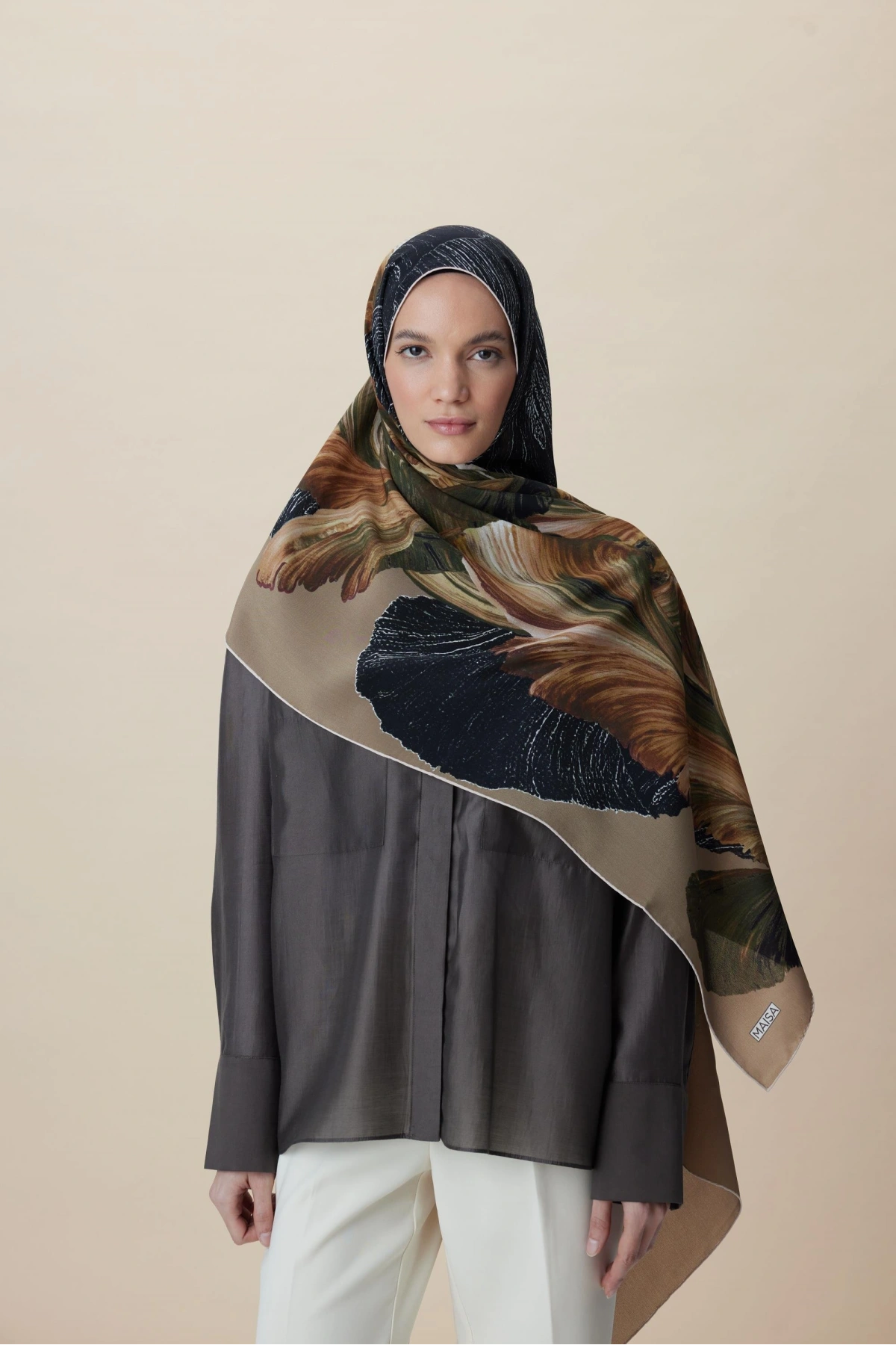 Maisa YAKAMOZ KREP İPEK ŞAL 70*190 CM - HAKİ