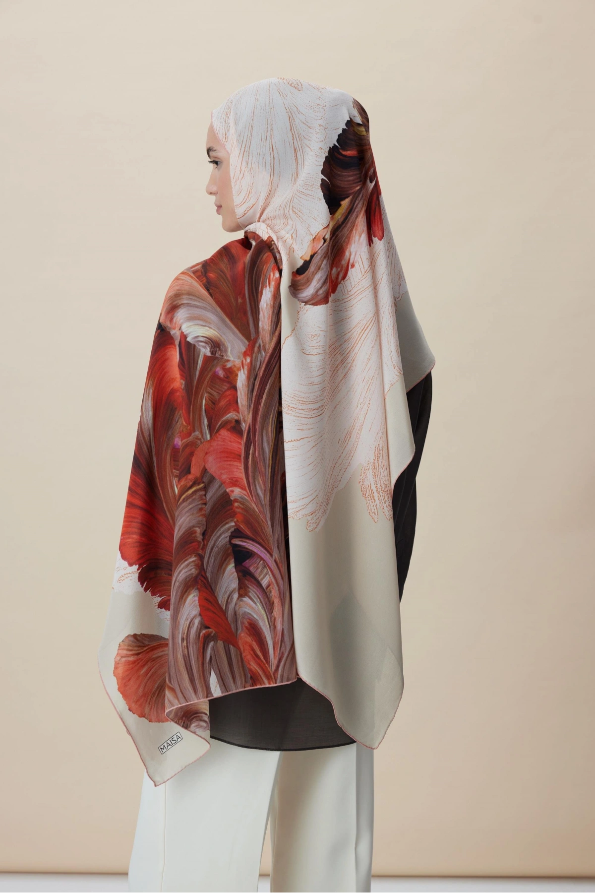 Maisa YAKAMOZ KREP İPEK ŞAL 70*190 CM - NAR ÇİÇEĞİ