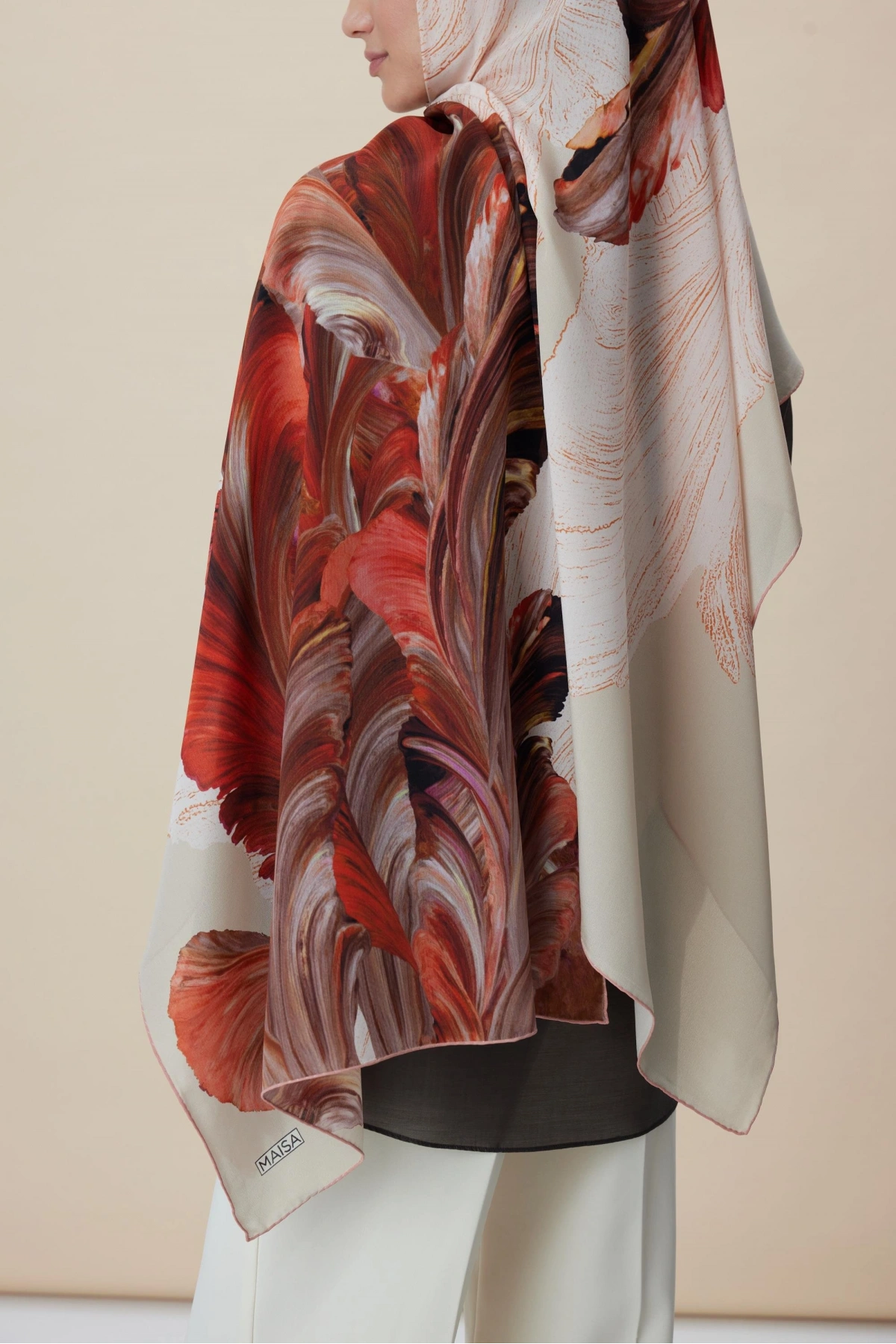 Maisa YAKAMOZ KREP İPEK ŞAL 70*190 CM - NAR ÇİÇEĞİ