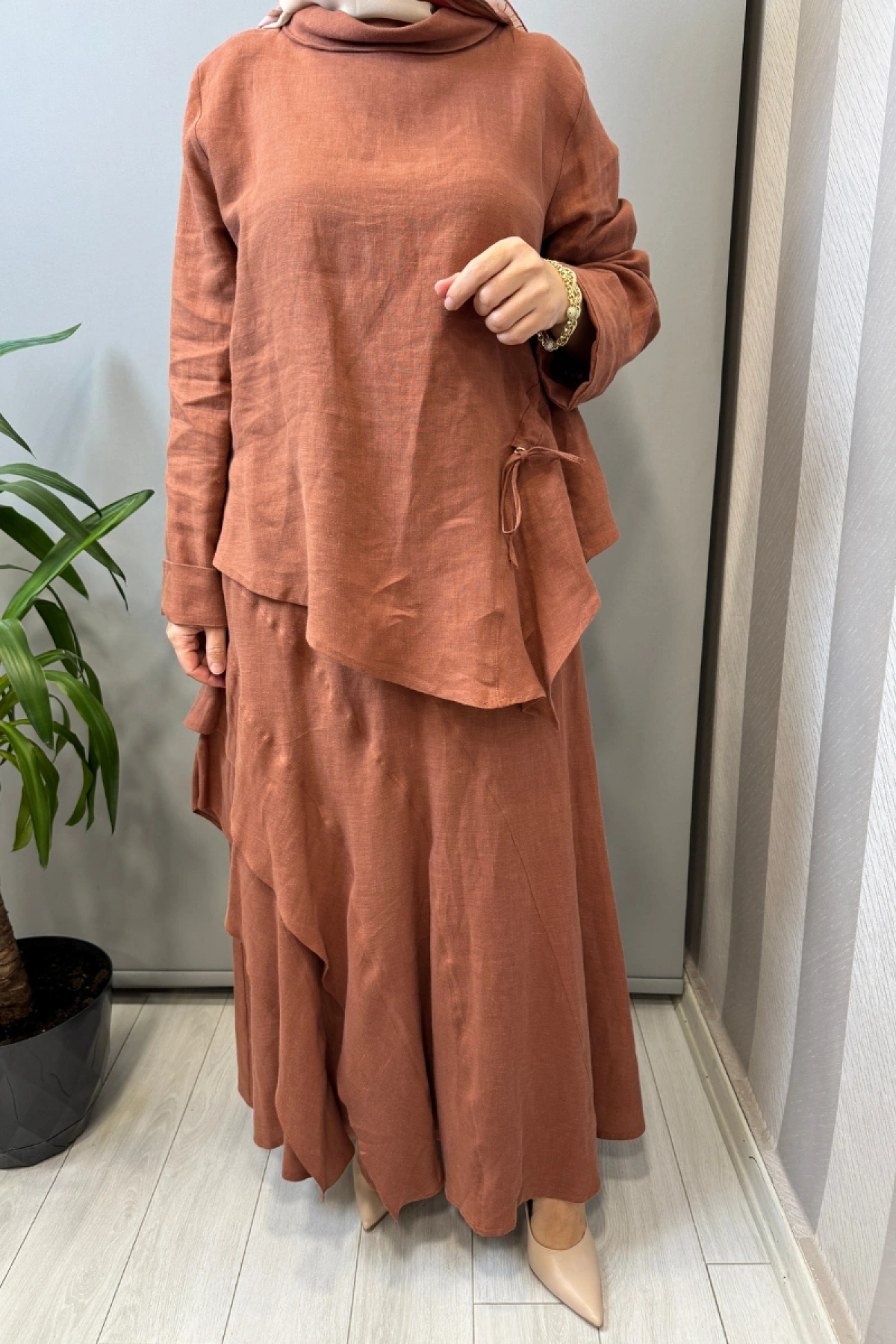 Clande Fırfır Detaylı Keten Takım Kiremit 2601-3046 (2023)