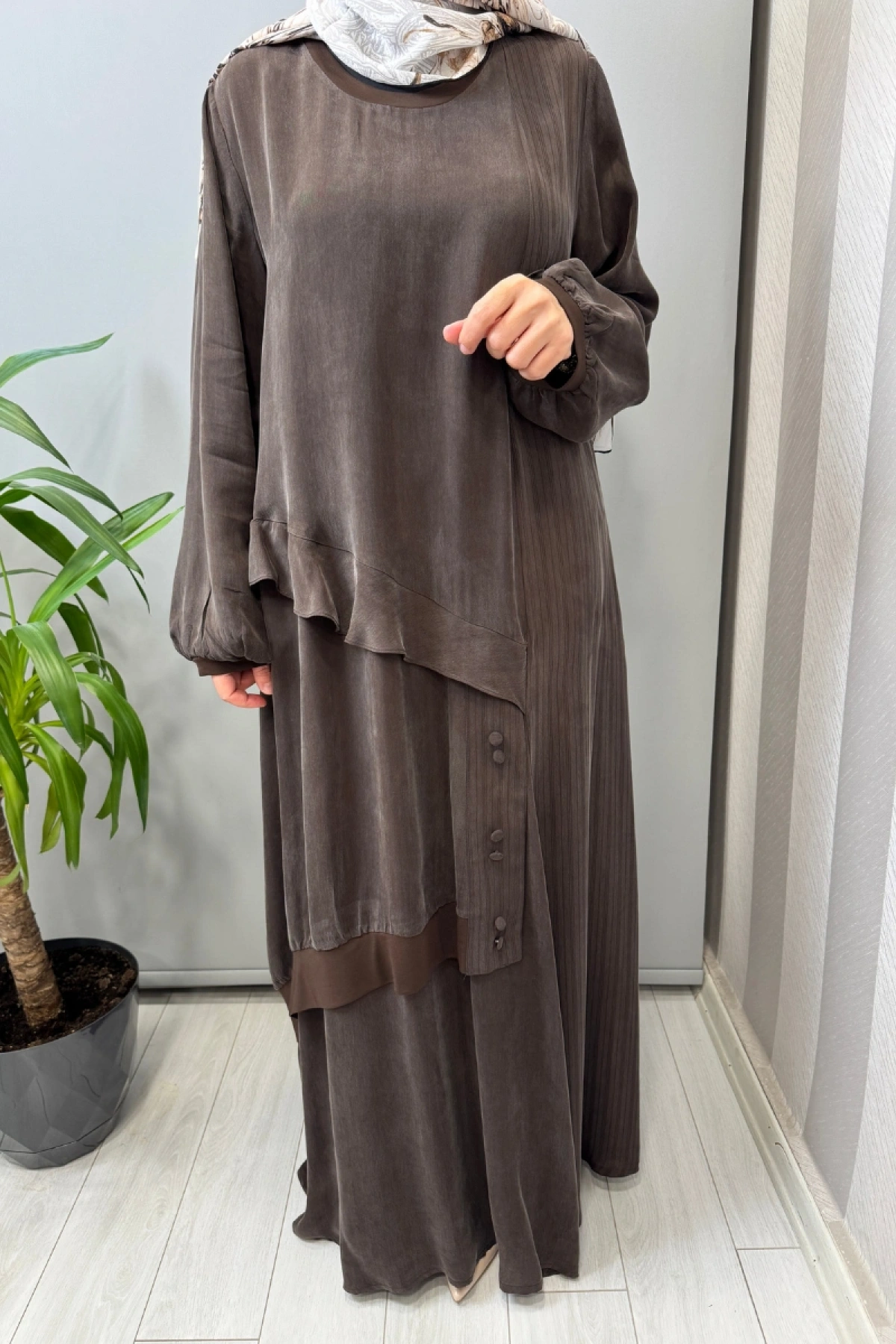 Misswhence Büyük Beden Cupro İpek Elbise Kahve V3355