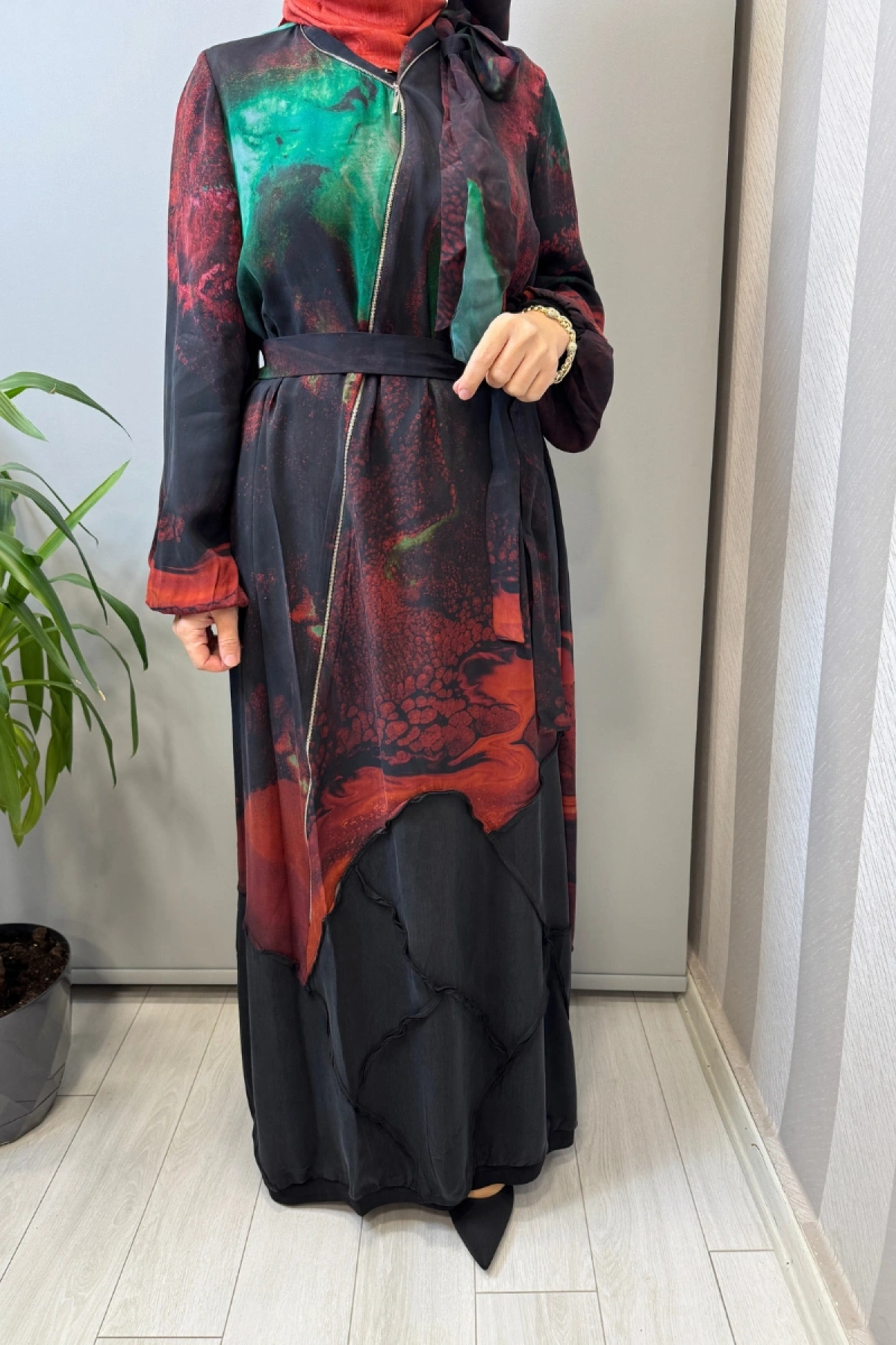 Misswhence Fermuar Detaylı Cupro İpek Elbise Kırmızı Desenli 39802