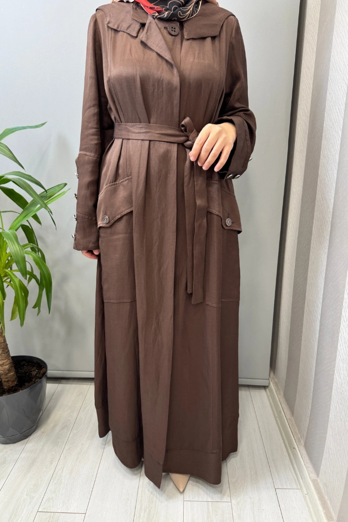 Misswhence Cep Detaylı Kapüşonlu Keten Pardesü Kahve 39504