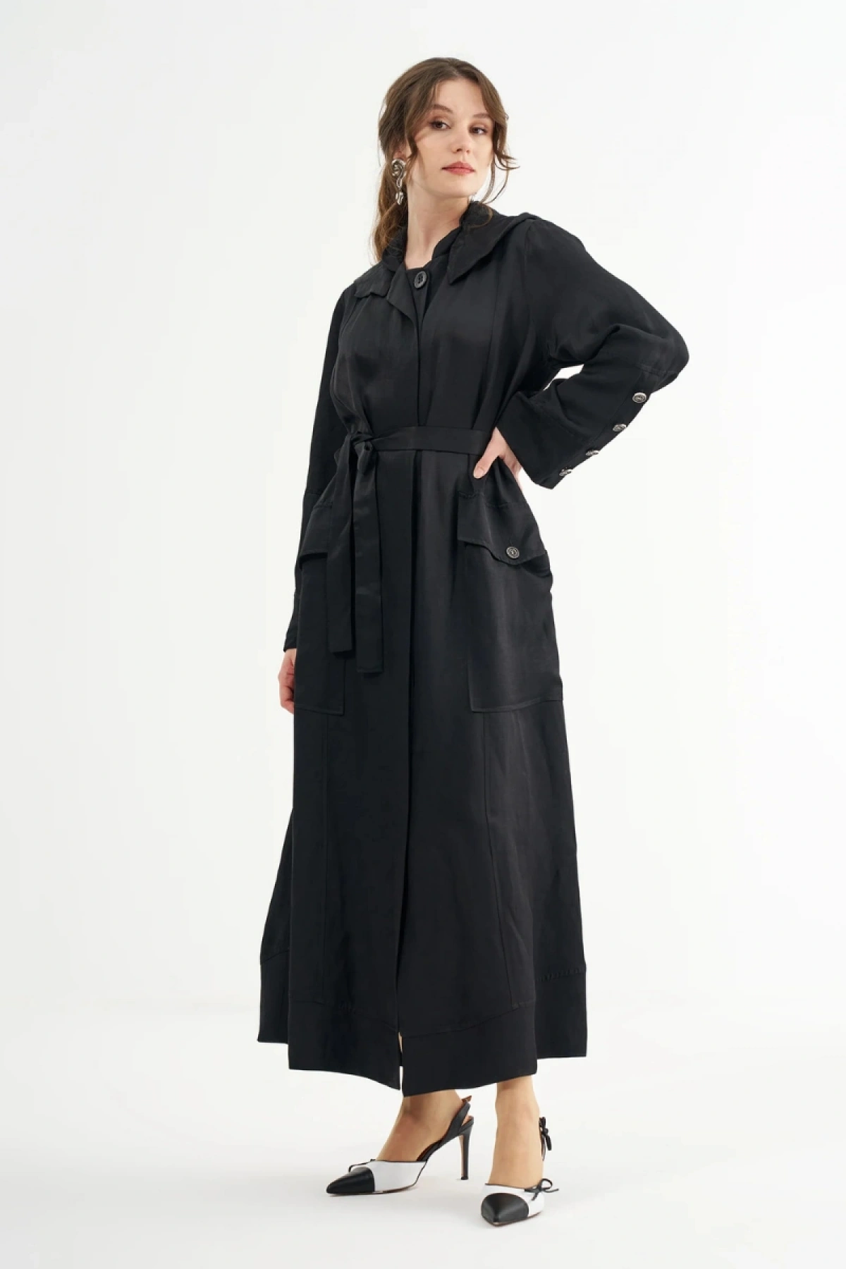 Misswhence Cep Detaylı Kapüşonlu Keten Pardesü Siyah 39504