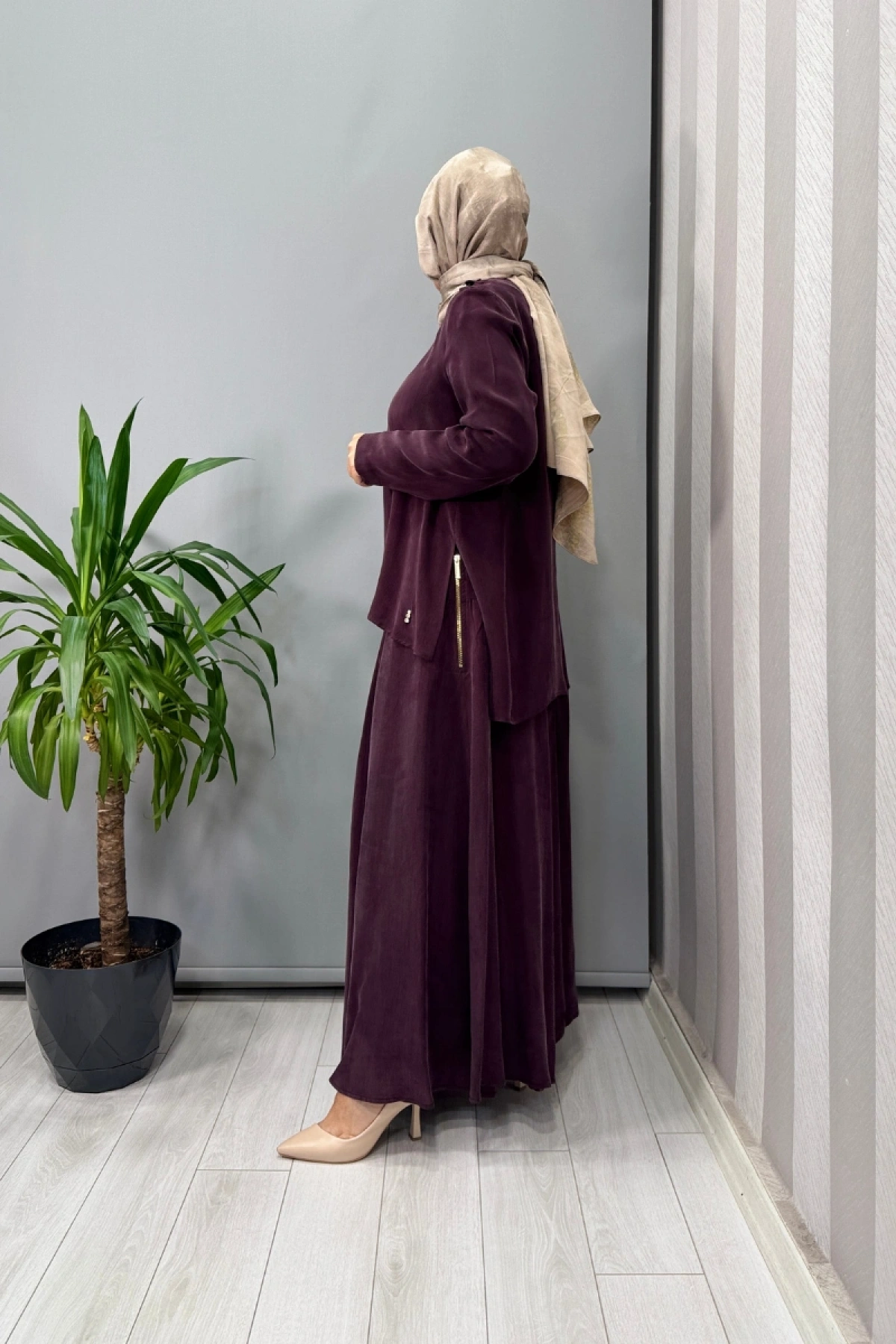 MissDalida Yandan Fermuarlı Kloş Cupro İpek Etek Bordo T25Y-2003