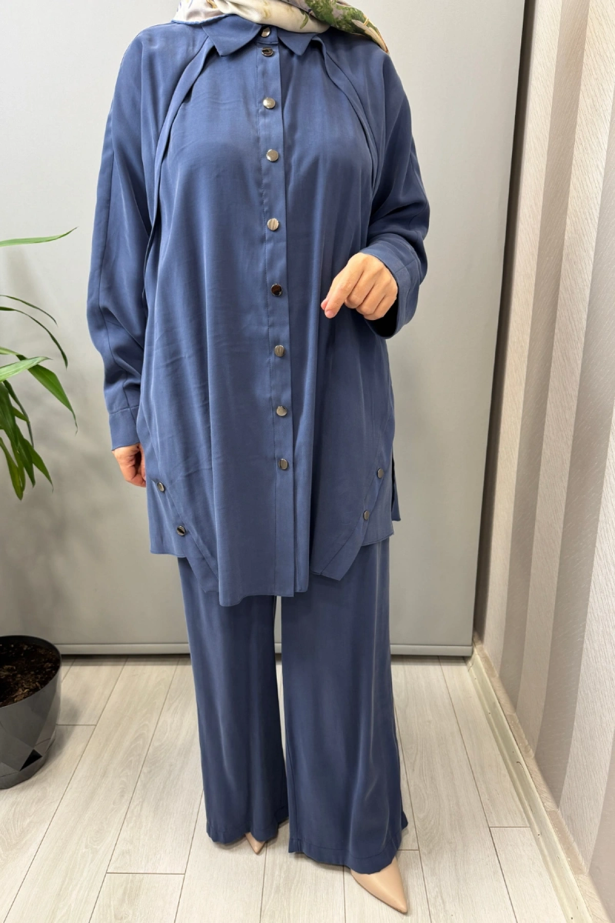 Almarwah Çıtçıt Detaylı Doğal Kumaş Takım İndigo 202990