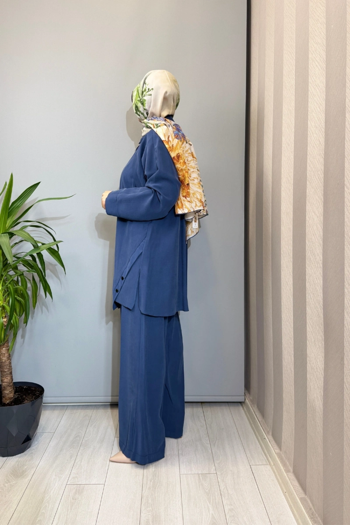 Almarwah Çıtçıt Detaylı Doğal Kumaş Takım İndigo 202990