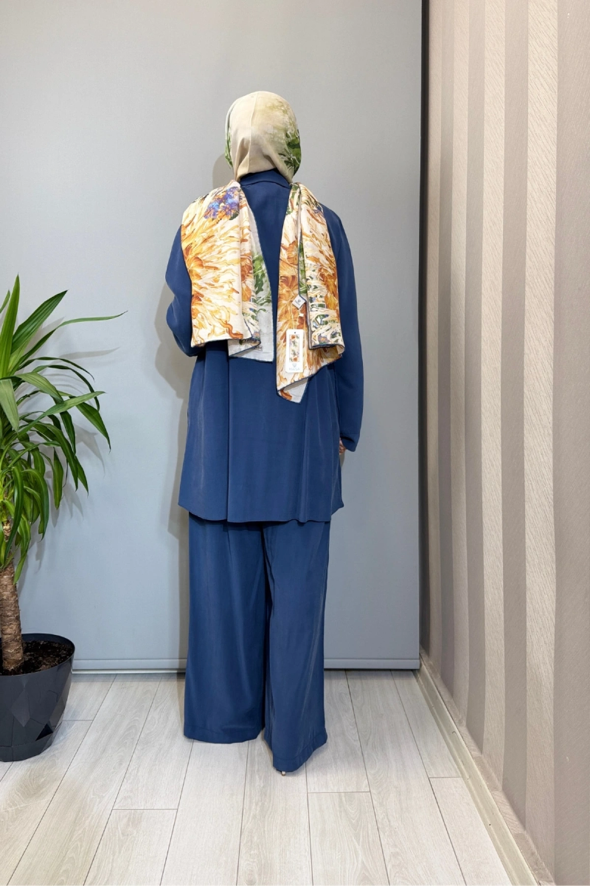 Almarwah Çıtçıt Detaylı Doğal Kumaş Takım İndigo 202990