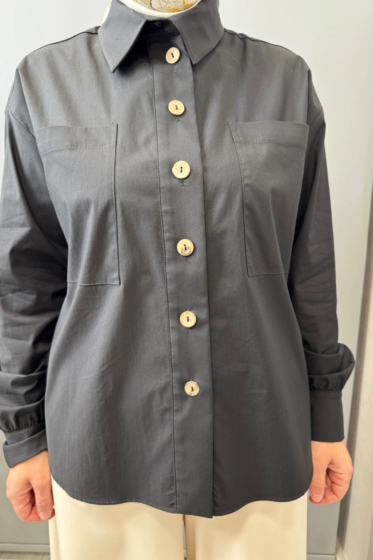 Almarwah Cep Detaylı Poplin Gömlek Siyah 101003