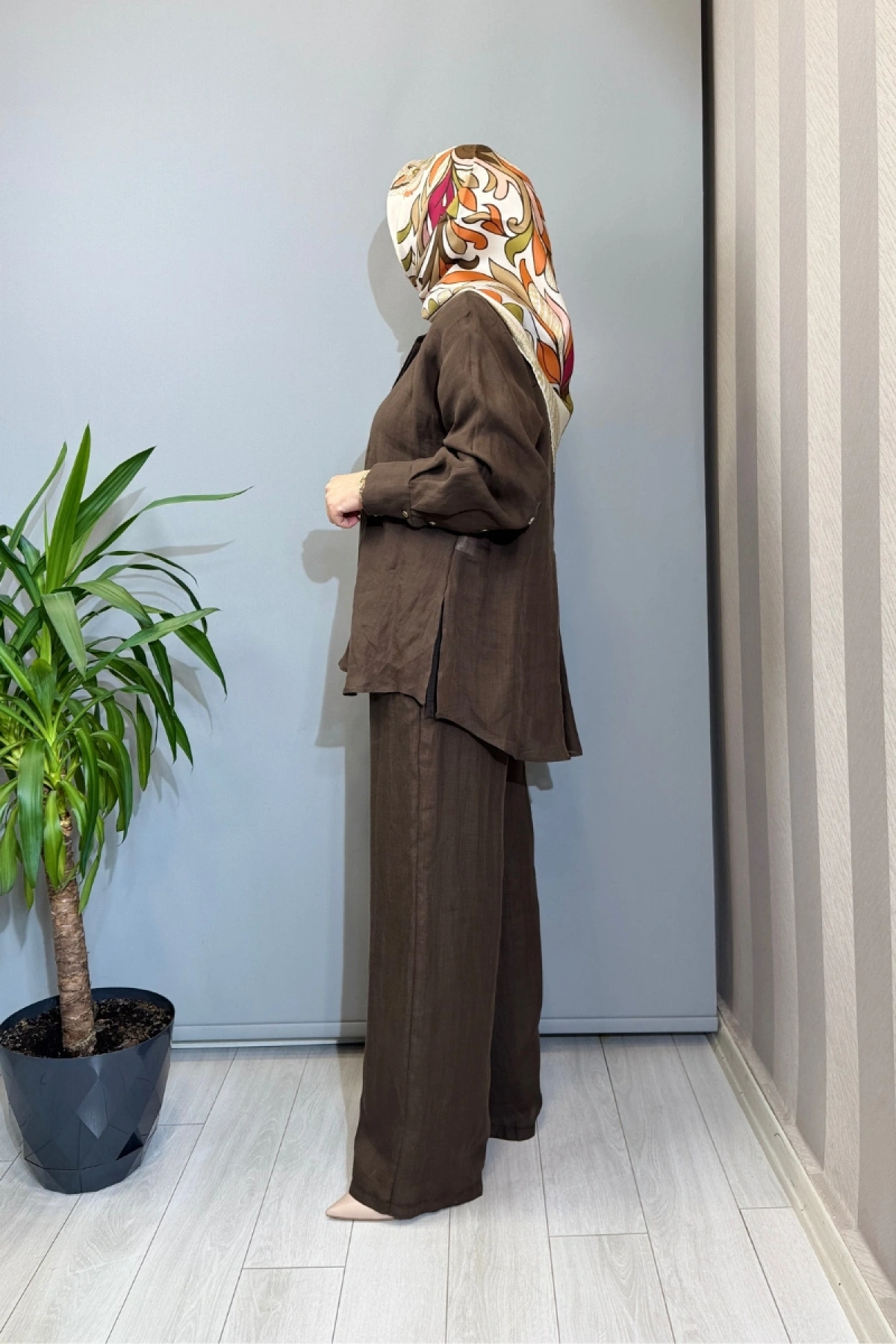 Almarwah Astarlı Keten Pantolon Kahve 606124