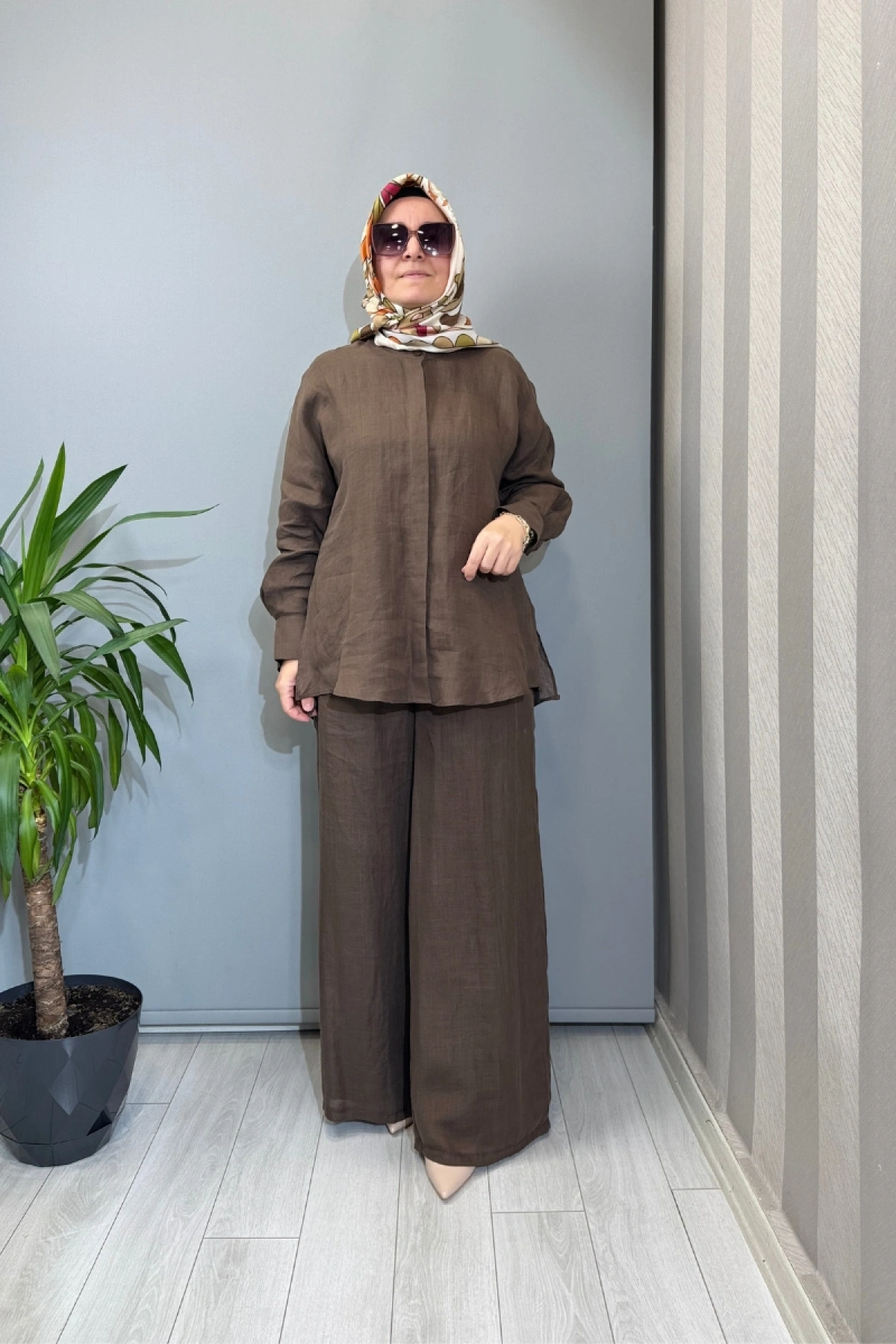 Almarwah Astarlı Keten Pantolon Kahve 606124