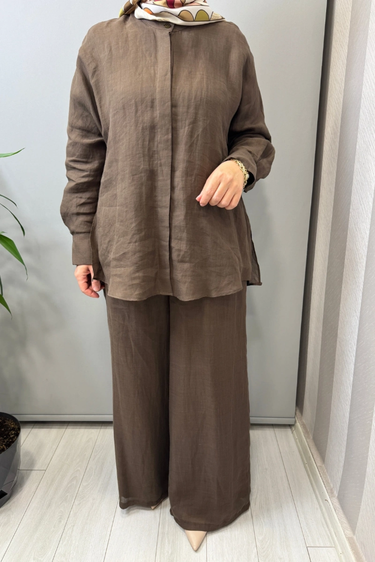 Almarwah Astarlı Keten Pantolon Kahve 606124