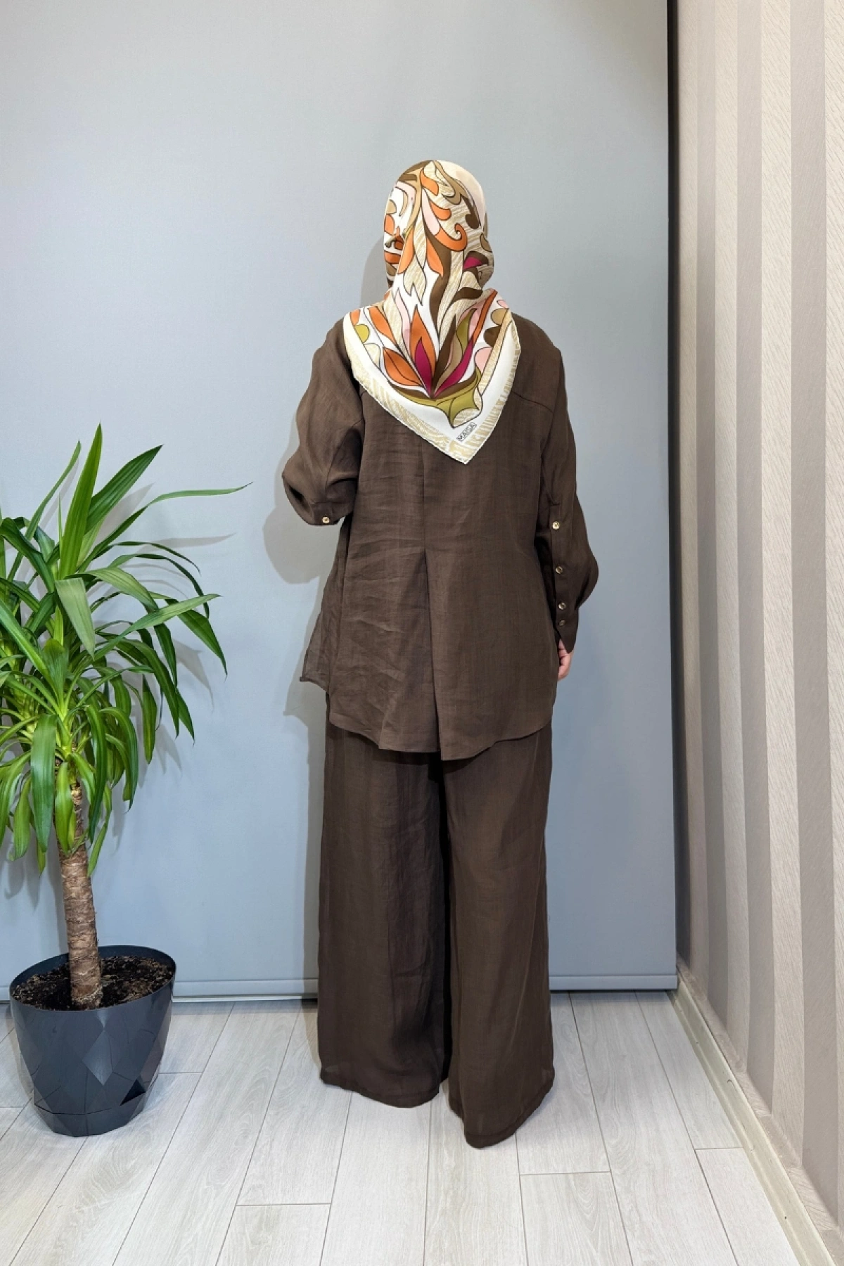 Almarwah Astarlı Keten Pantolon Kahve 606124