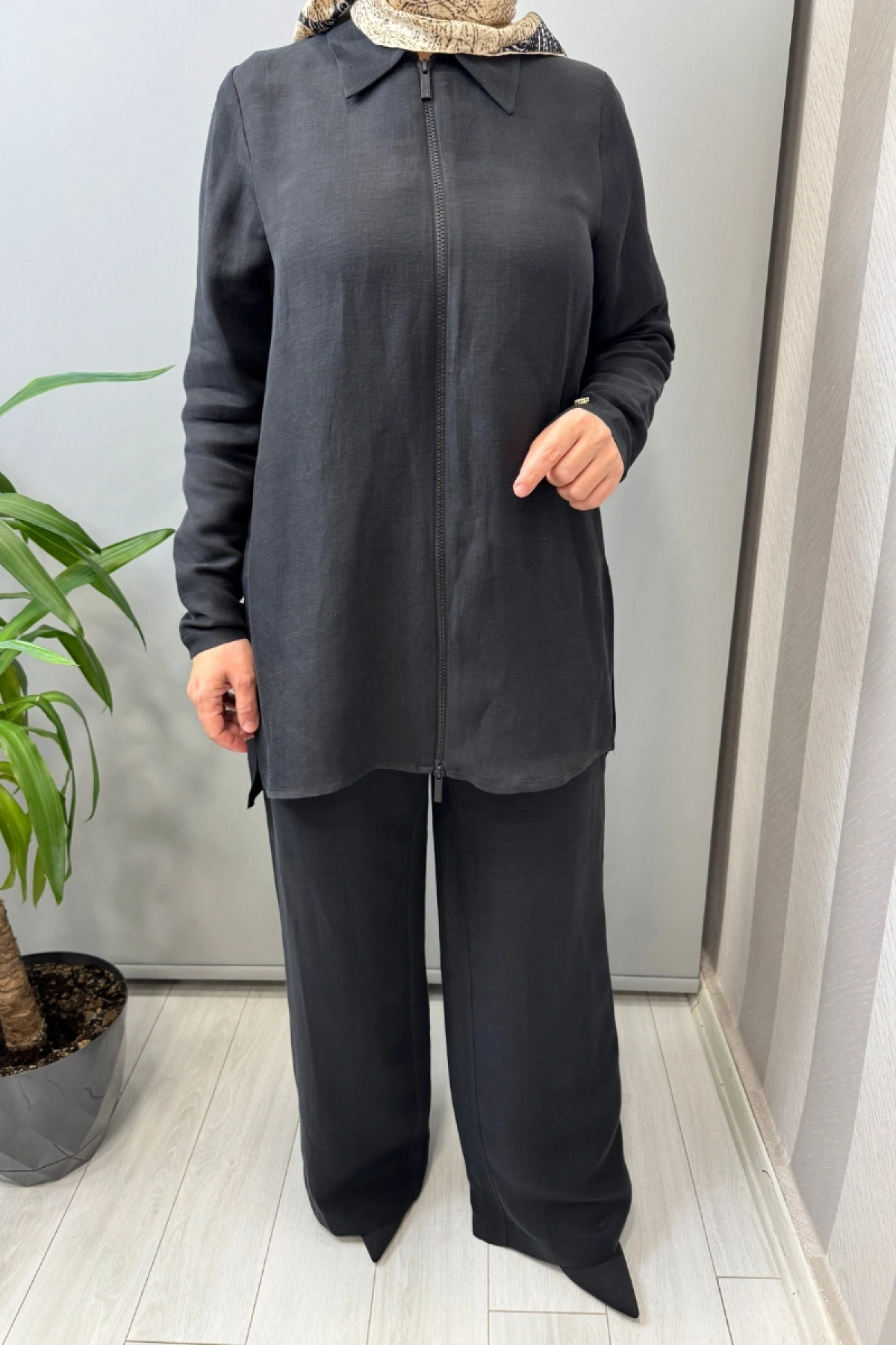 Miss Dalida Önü Fermuarlı İpek Keten Gömlek Siyah 2266352
