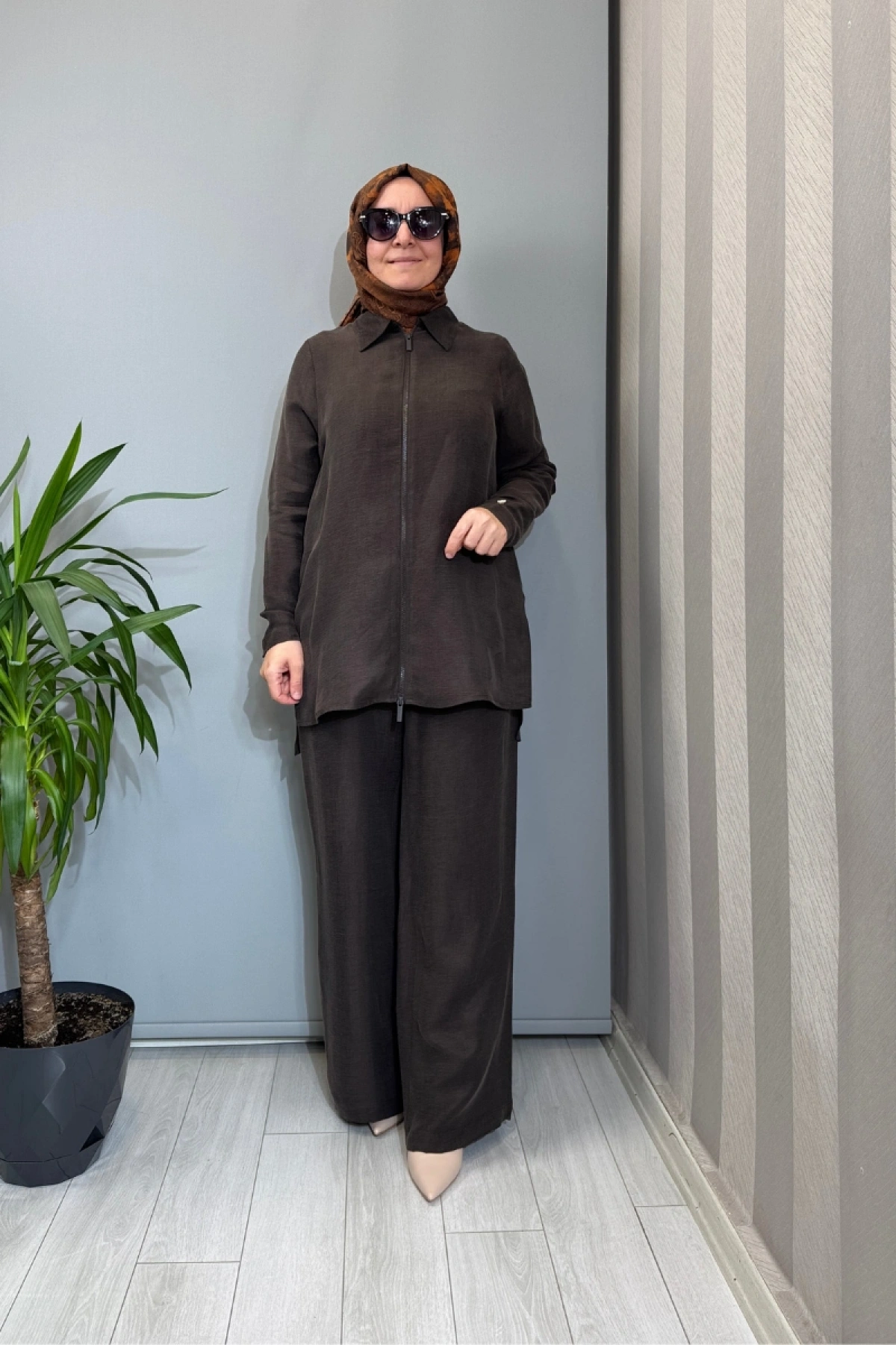 Miss Dalida Önü Fermuarlı İpek Keten Gömlek Kahve 2266352