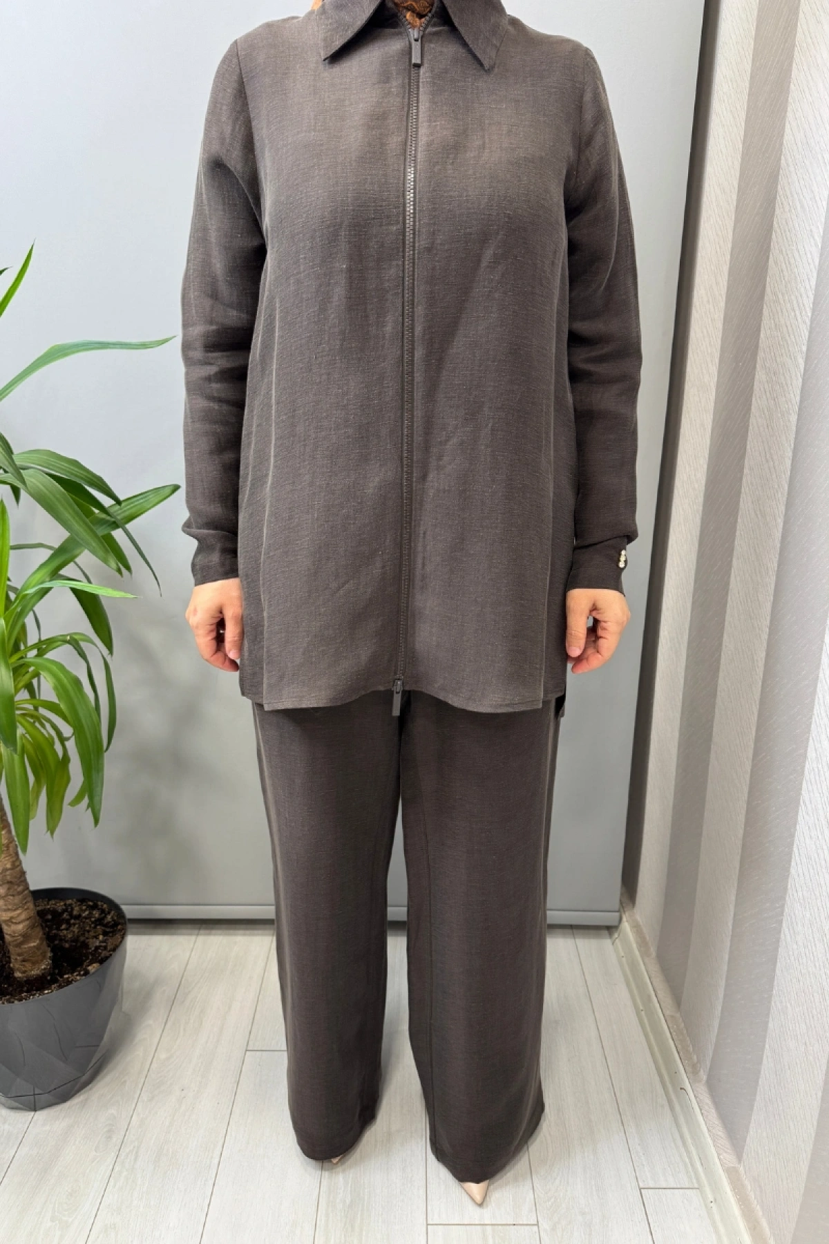 Miss Dalida Önü Fermuarlı İpek Keten Gömlek Kahve 2266352