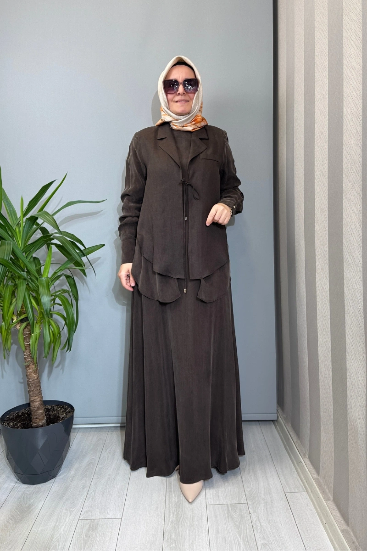 Miss Dalida Bağlama Detaylı Keten Ceket-Elbise Takım Kahve 2260252