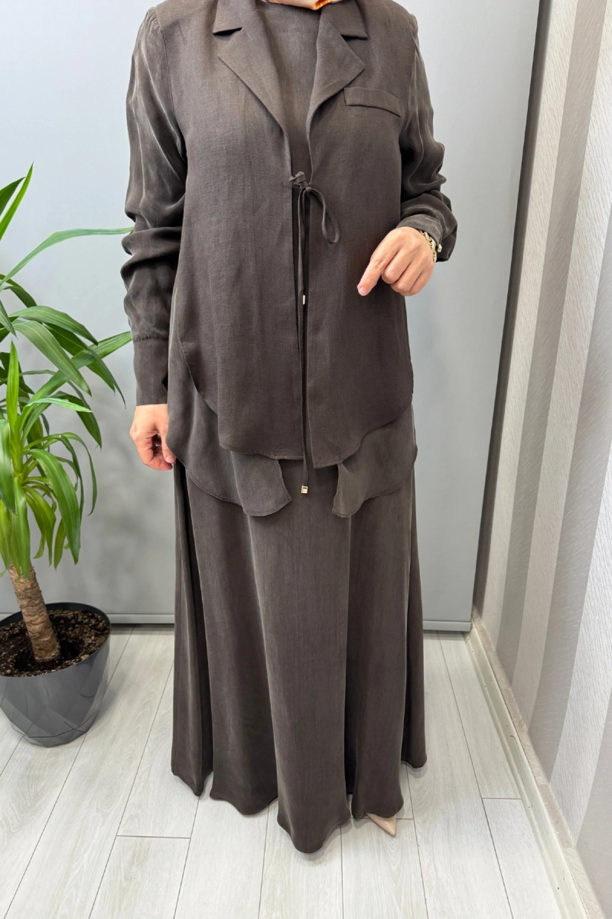 Miss Dalida Bağlama Detaylı Keten Ceket-Elbise Takım Kahve 2260252