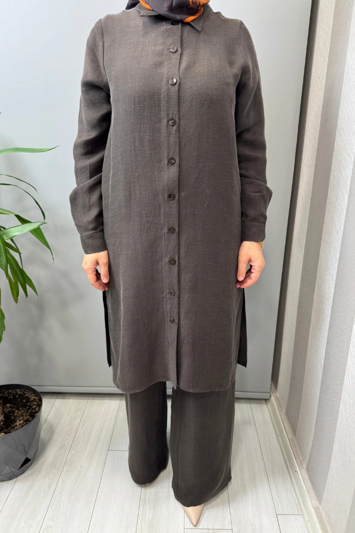 Miss Dalida İpek Keten Uzun Gömlek Kahve 2263351