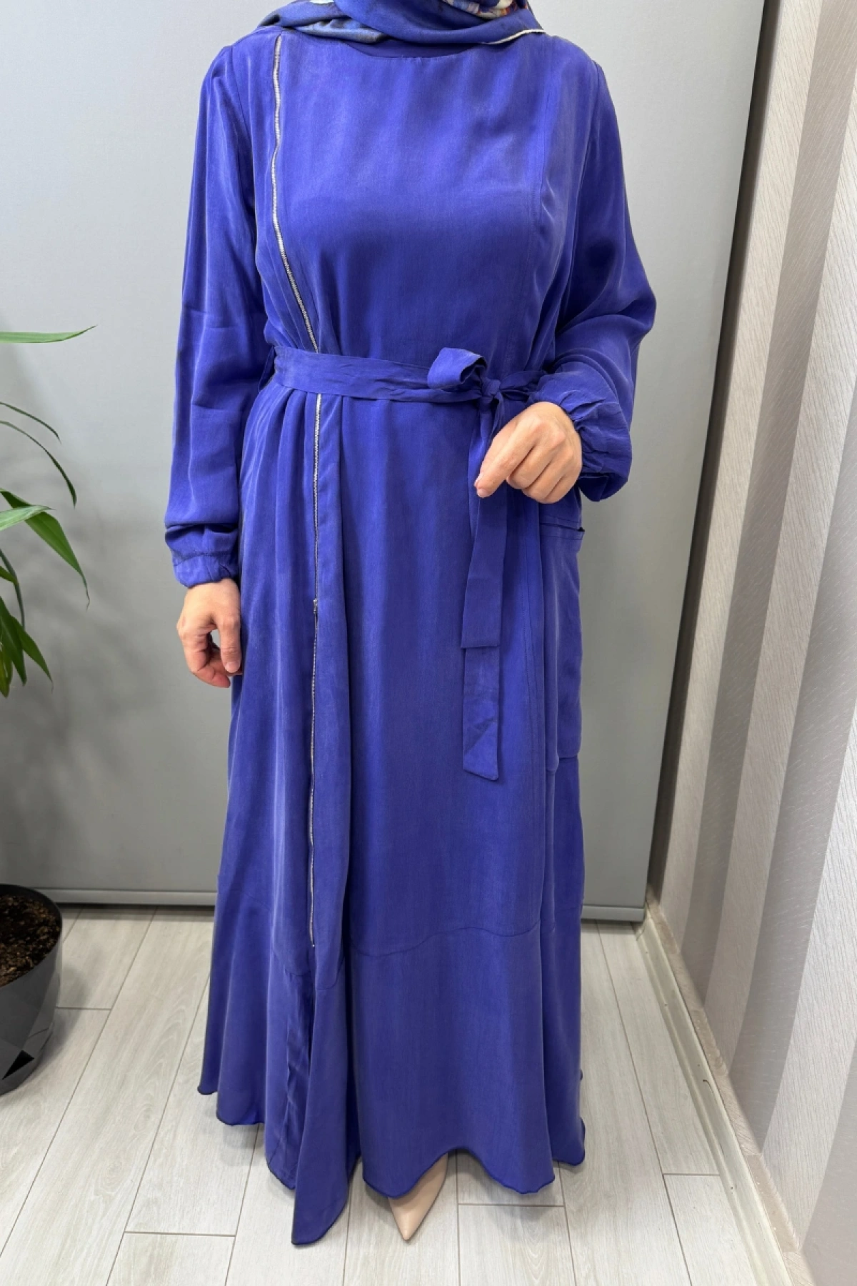 Misswhence Fermuar Detaylı Cupro İpek Elbise Saks 39809