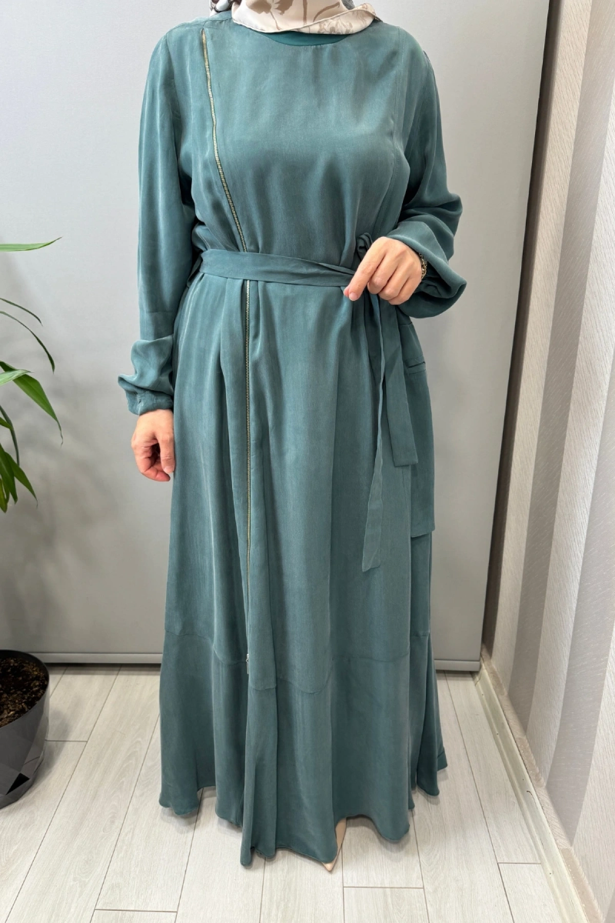 Misswhence Fermuar Detaylı Cupro İpek Elbise Yeşil 39809