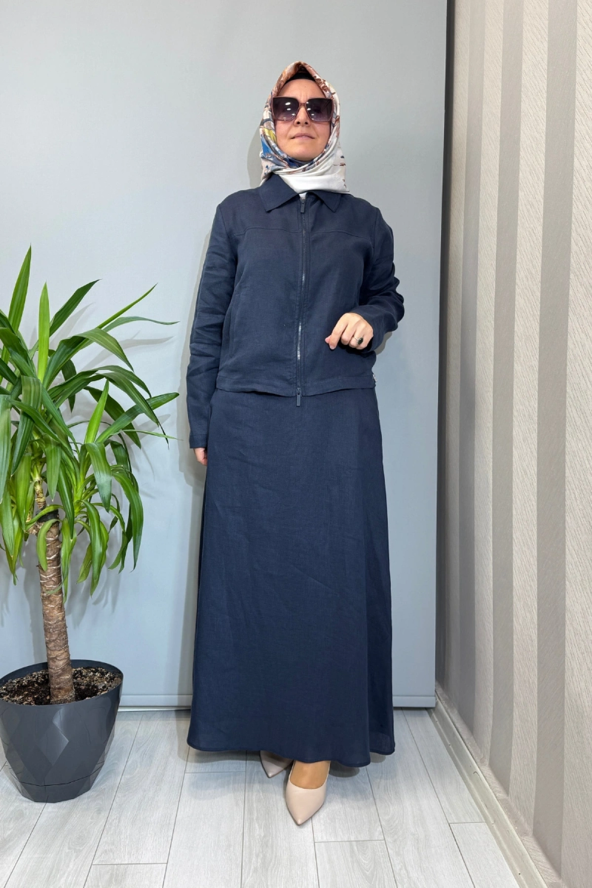 Miss Dalida Beli Lastikli A Kesim Düz Renk Keten Etek Lacivert 2262253