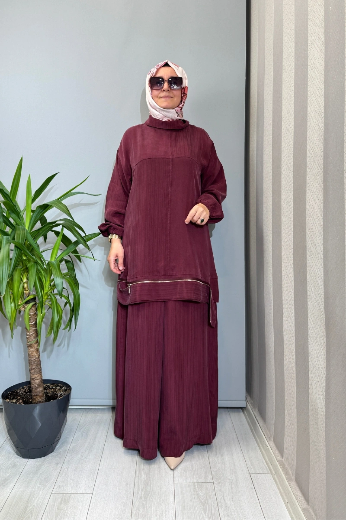 Misswhence Fermuar Detaylı Cupro İpek Takım Bordo 39009