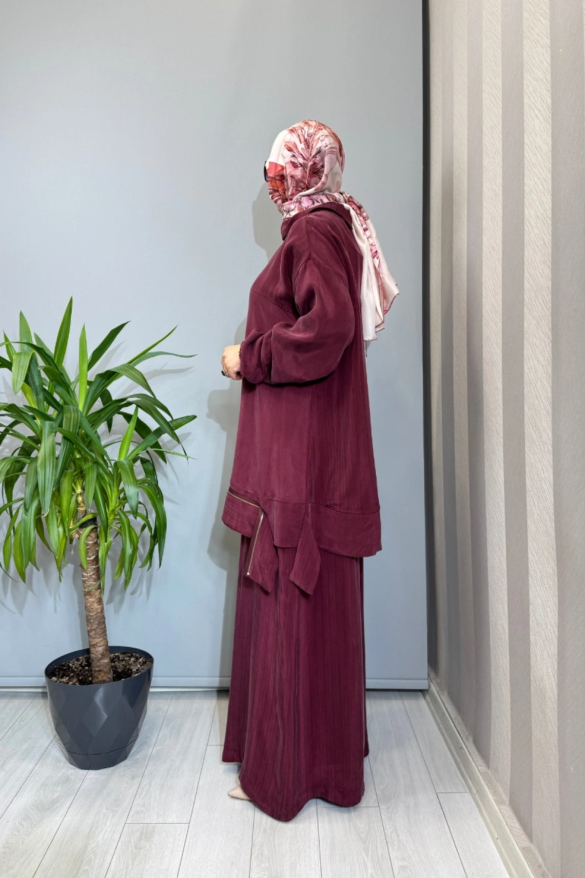 Misswhence Fermuar Detaylı Cupro İpek Takım Bordo 39009
