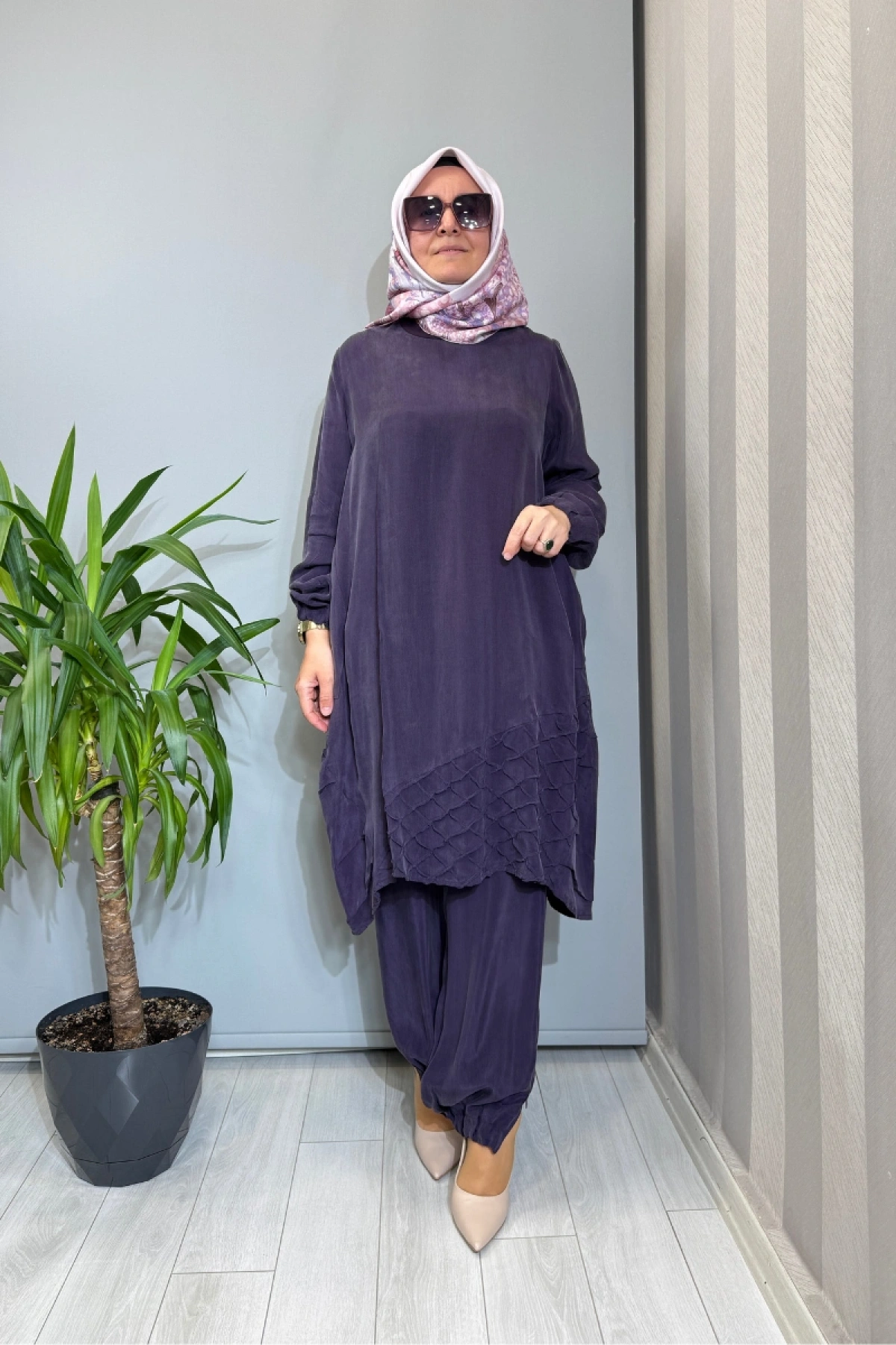 Misswhence Paçası Fermuarlı Cupro İpek Takım Mor 39018