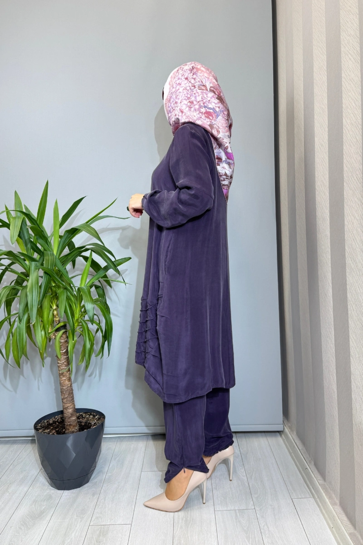 Misswhence Paçası Fermuarlı Cupro İpek Takım Mor 39018