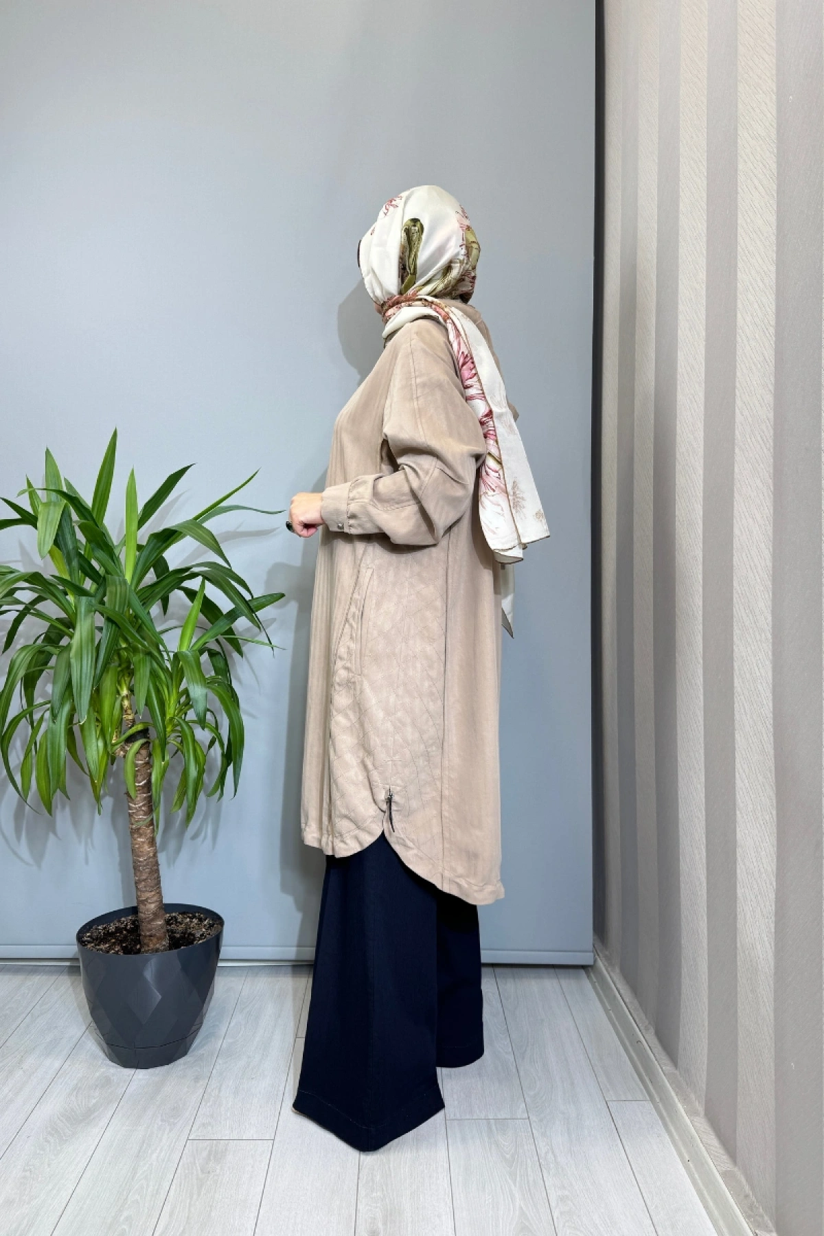 Misswhence Dikiş Detaylı Fermuarlı Kapüşonlu Kap Vizon 39406