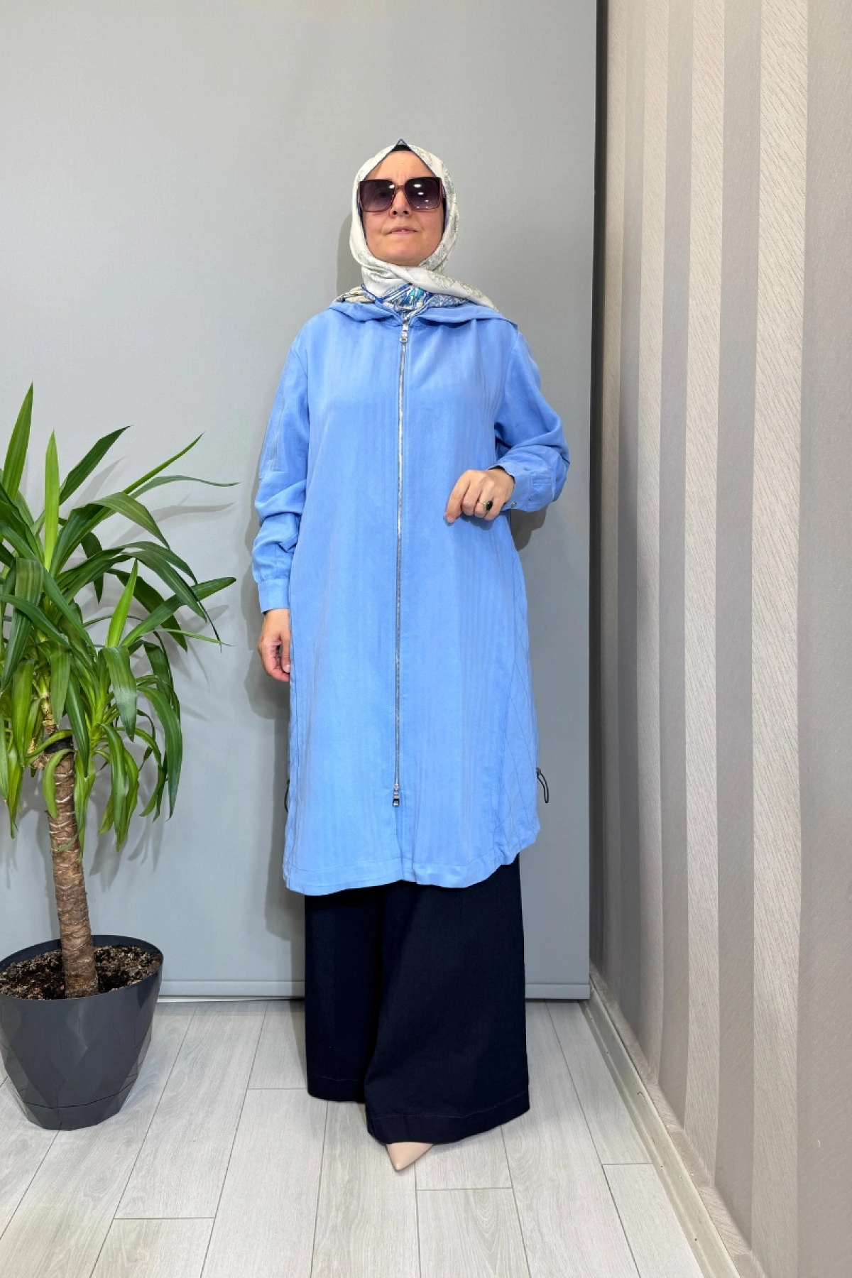 Misswhence Dikiş Detaylı Fermuarlı Kapüşonlu Kap Mavi 39406