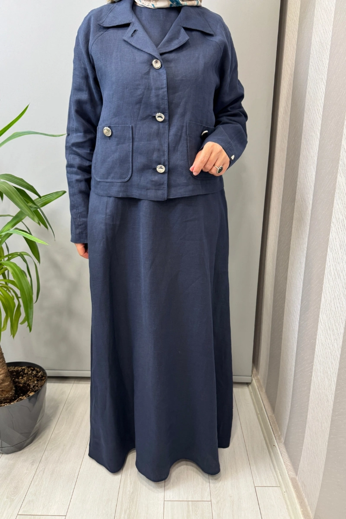 Miss Dalida Gömlek Yaka Cepli Keten Ceket Lacivert 2268256