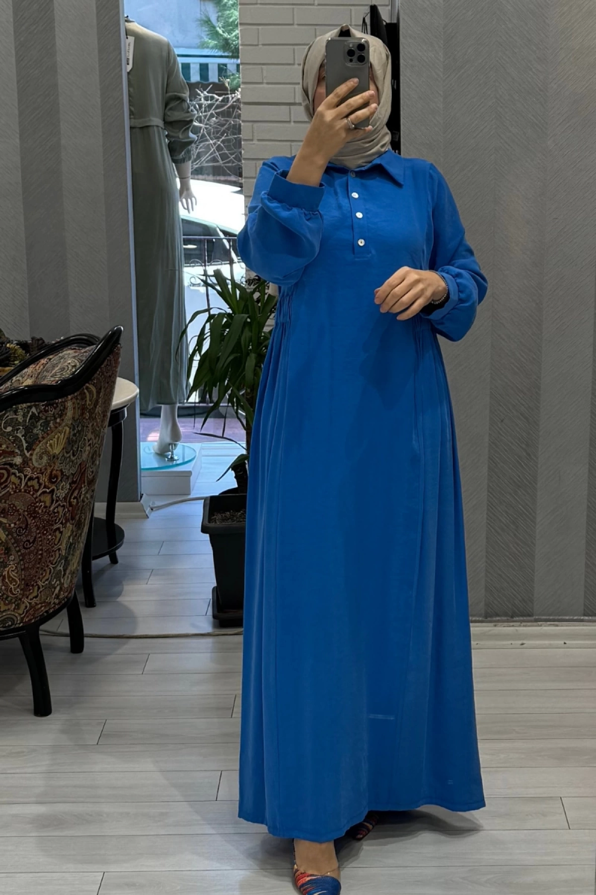 Almarwah Bel Büzgü Detaylı Elbise Mavi 303729