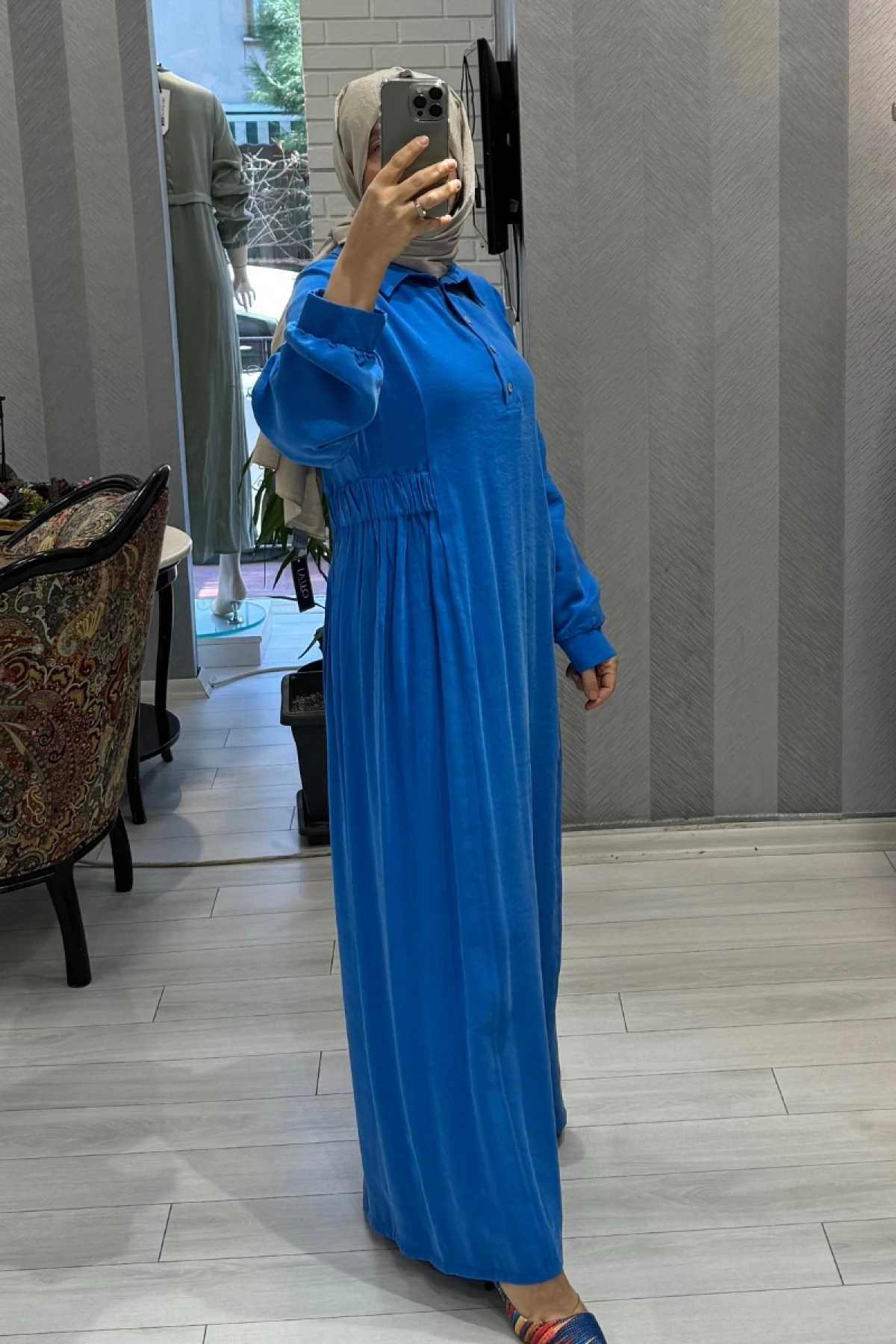 Almarwah Bel Büzgü Detaylı Elbise Mavi 303729