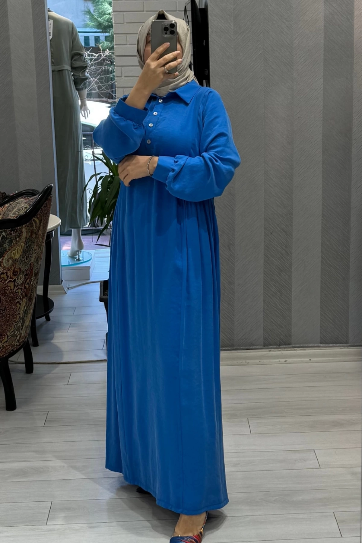 Almarwah Bel Büzgü Detaylı Elbise Mavi 303729