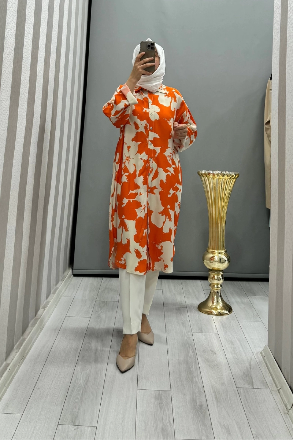 Almarwah Desenli Koton Gömlek Oranj 101968