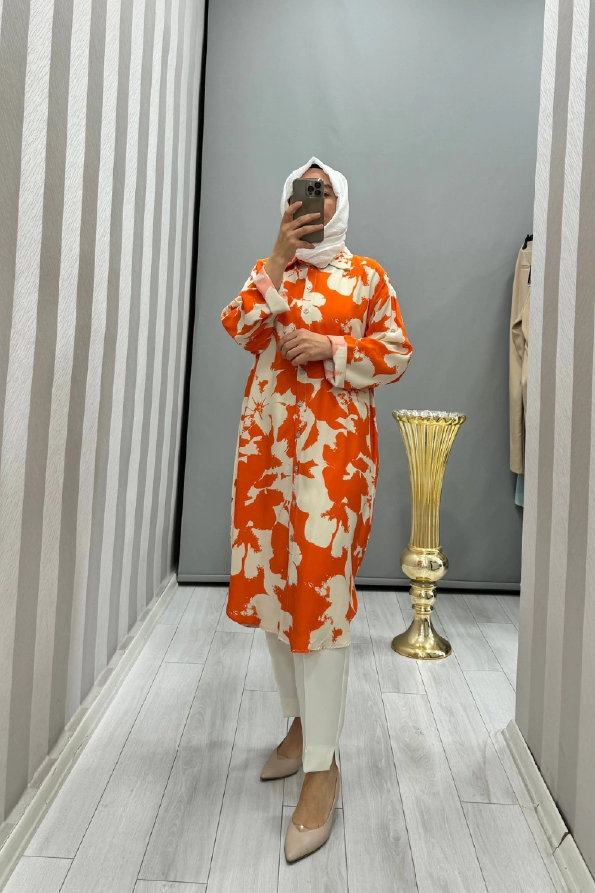 Almarwah Desenli Koton Gömlek Oranj 101968