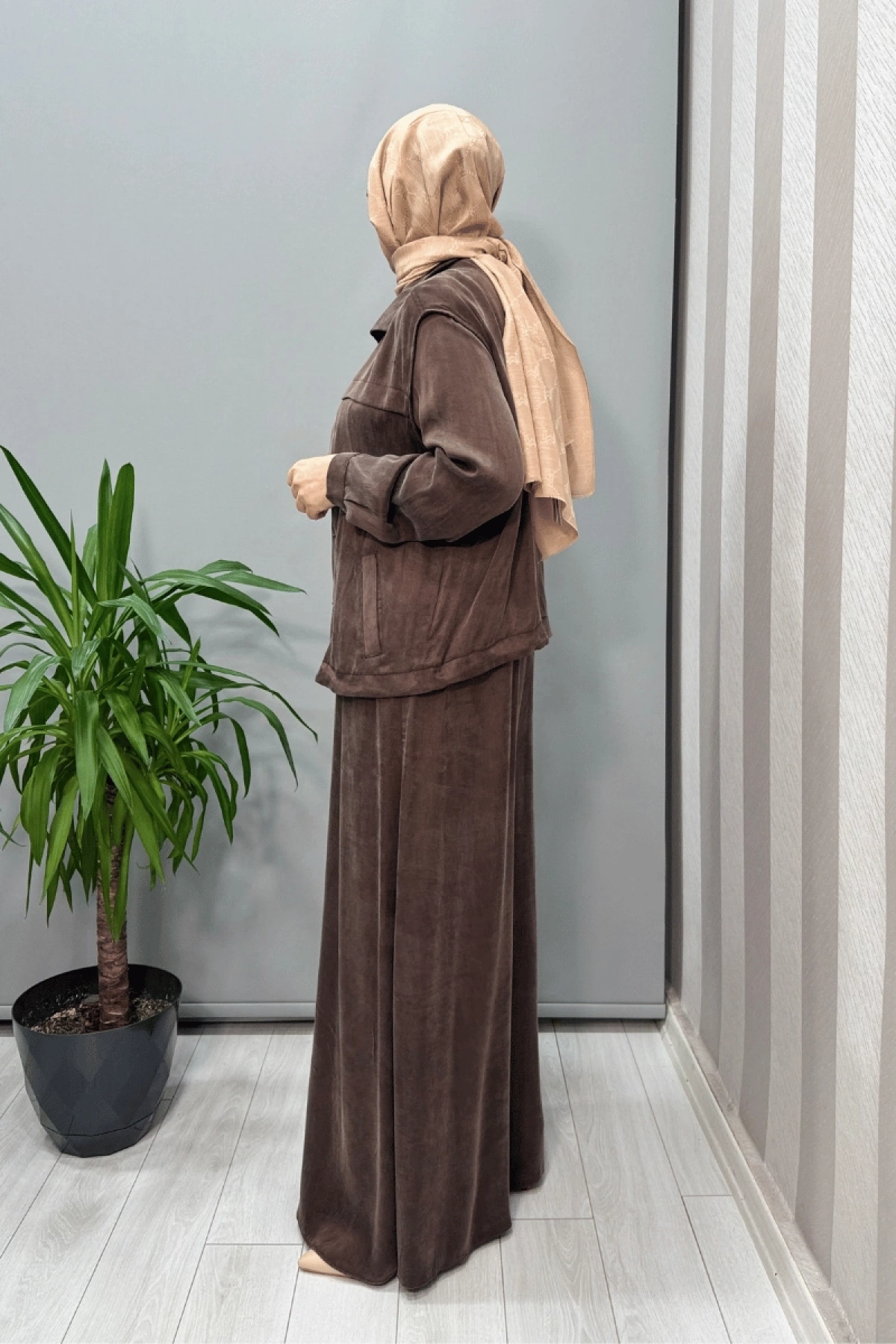 Almarwah Yelekli Cupra İpek Elbise Kahve 202781