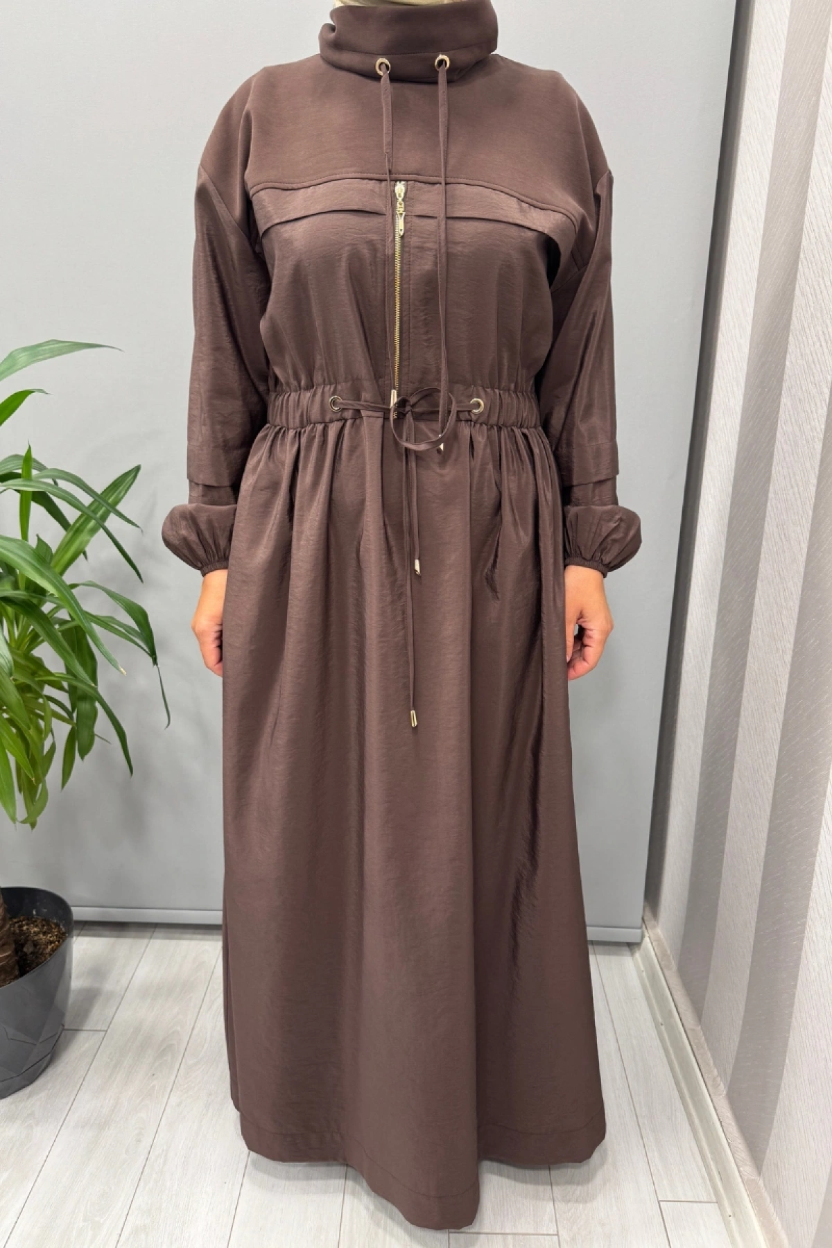 Clande Belden Bağcıklı Elbise Kahve 5009