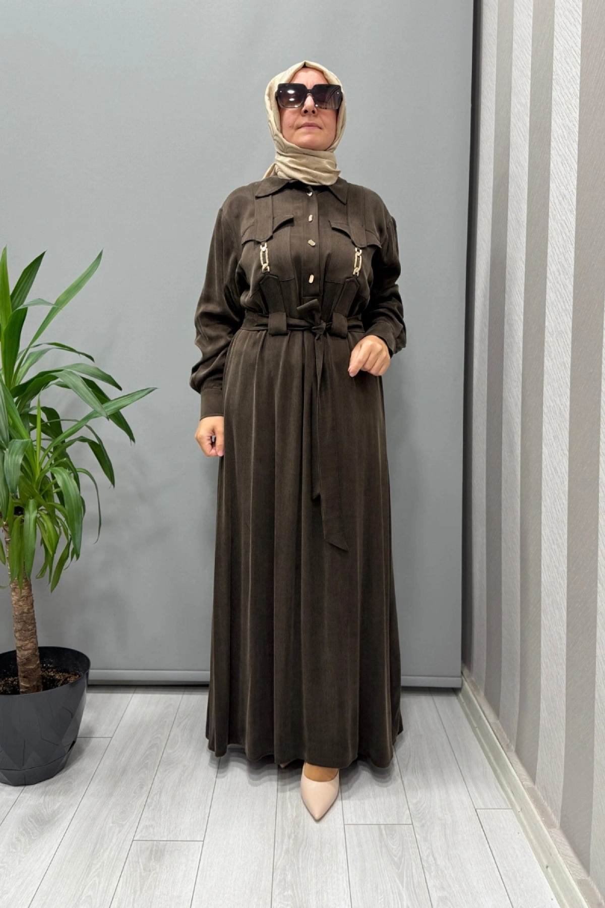 Clande Cep Detaylı İpek Cupro Elbise Kahve 5005