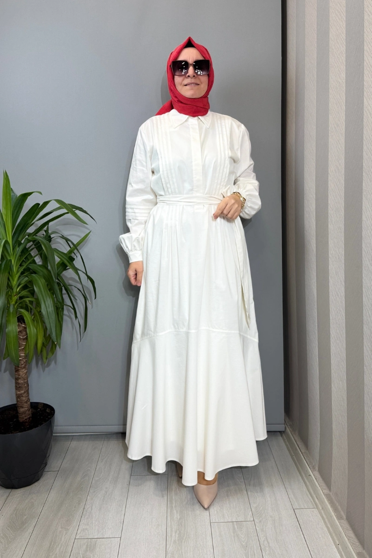 Clande Biye ve Volan Detaylı Elbise Ekru 2601-5023