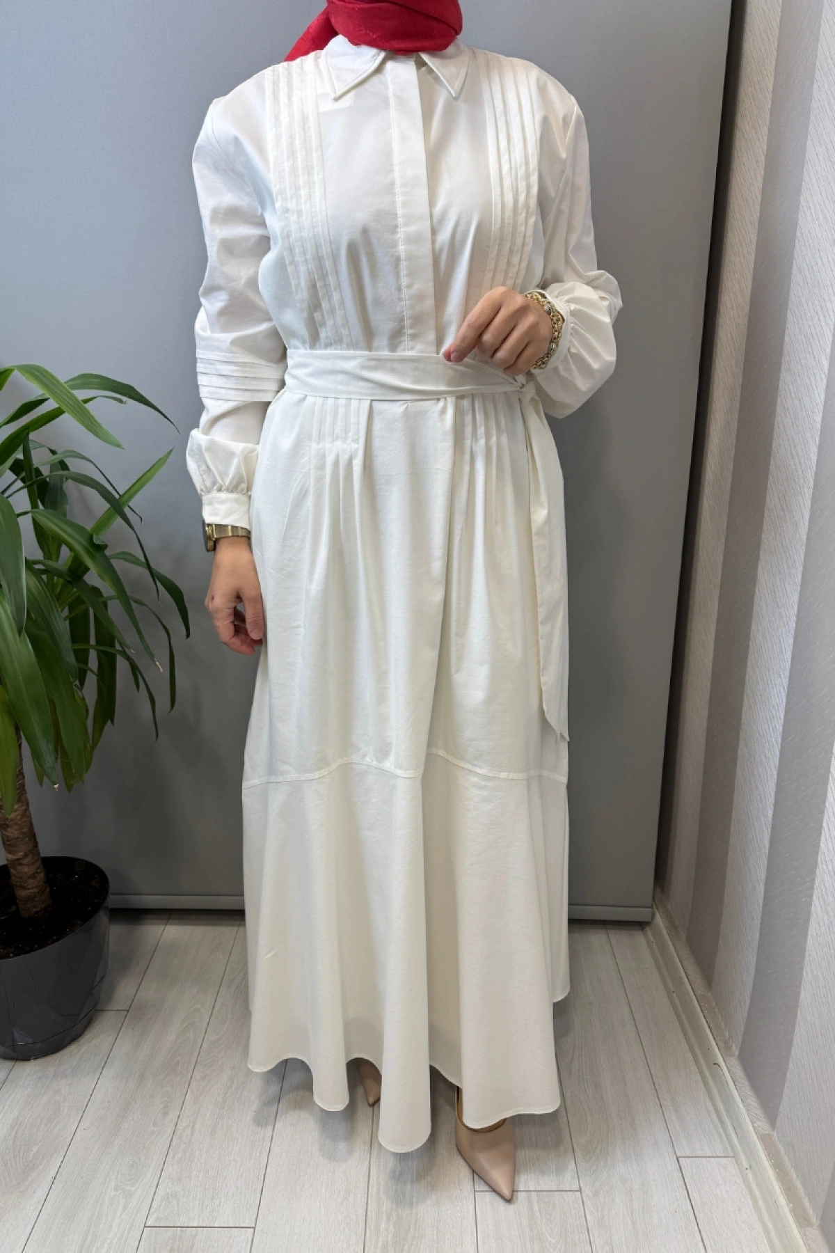 Clande Biye ve Volan Detaylı Elbise Ekru 2601-5023