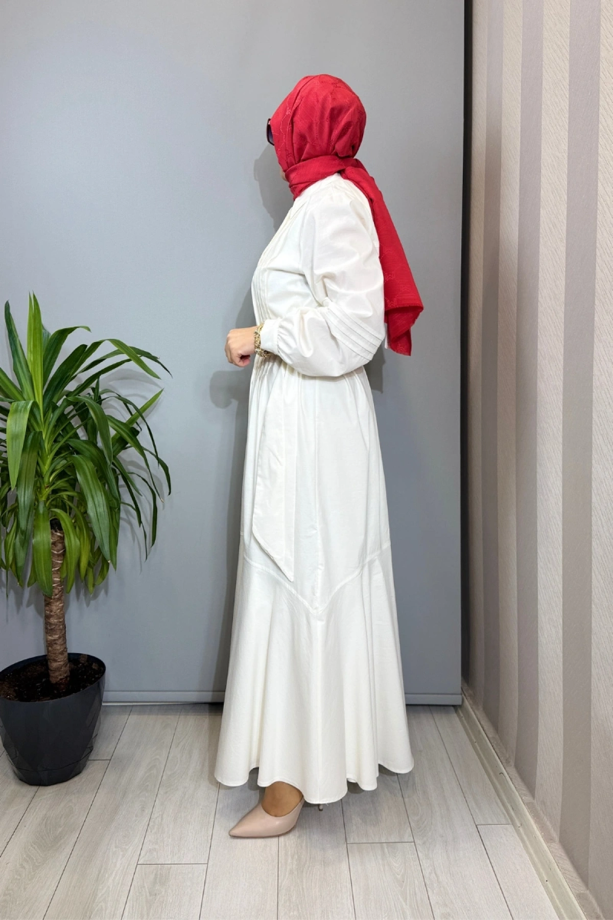 Clande Biye ve Volan Detaylı Elbise Ekru 2601-5023