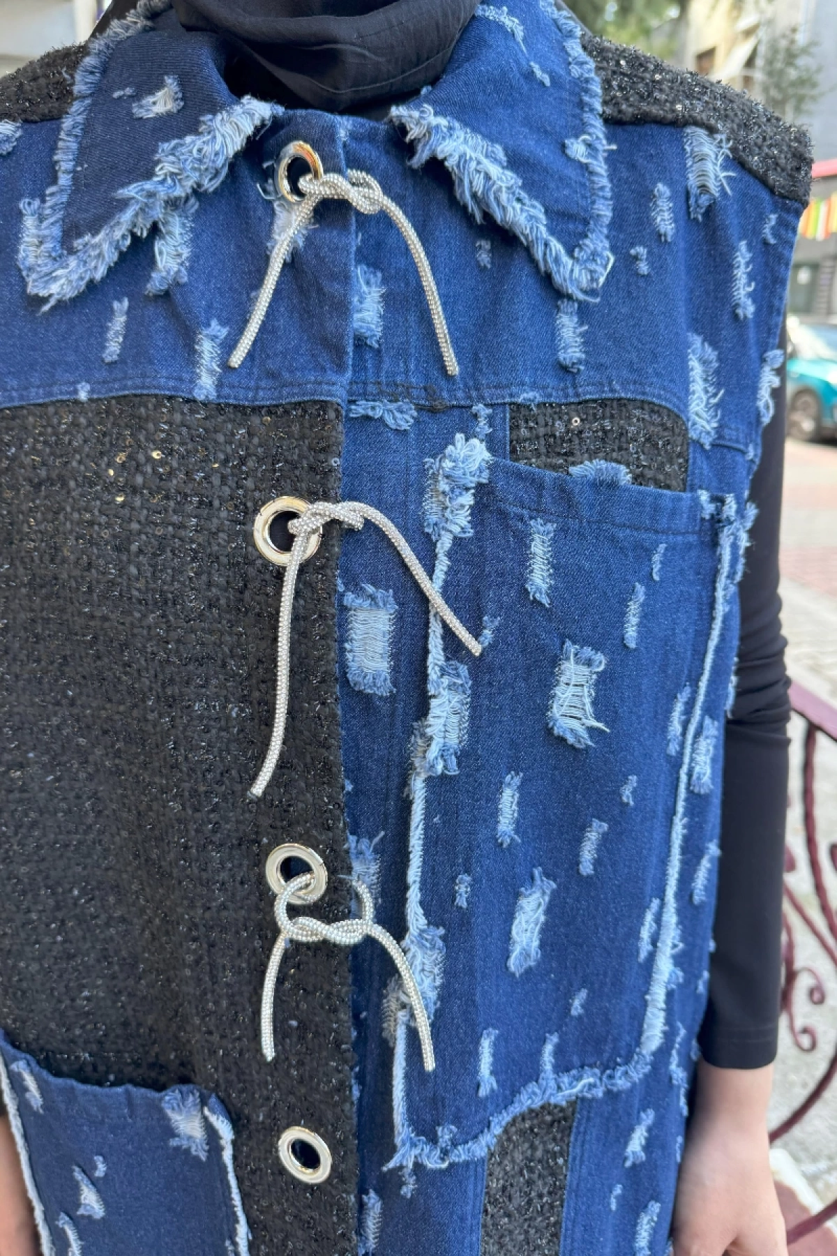Ghisa Chanel Kumaş Detaylı Kot Yelek Mavi 5KGSYLK3976