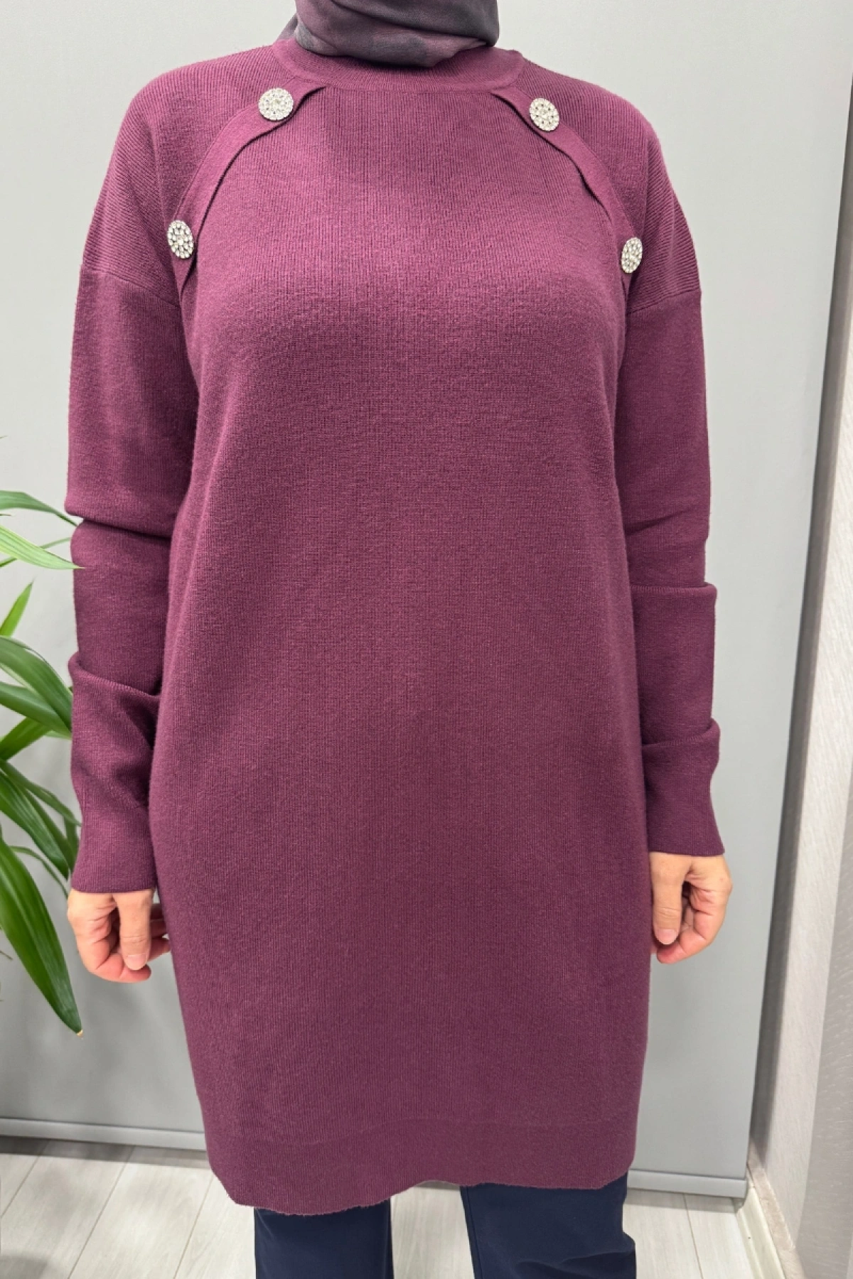 Ghisa Düğme Detaylı Triko Tunik Mürdüm 26KOBTNK4814