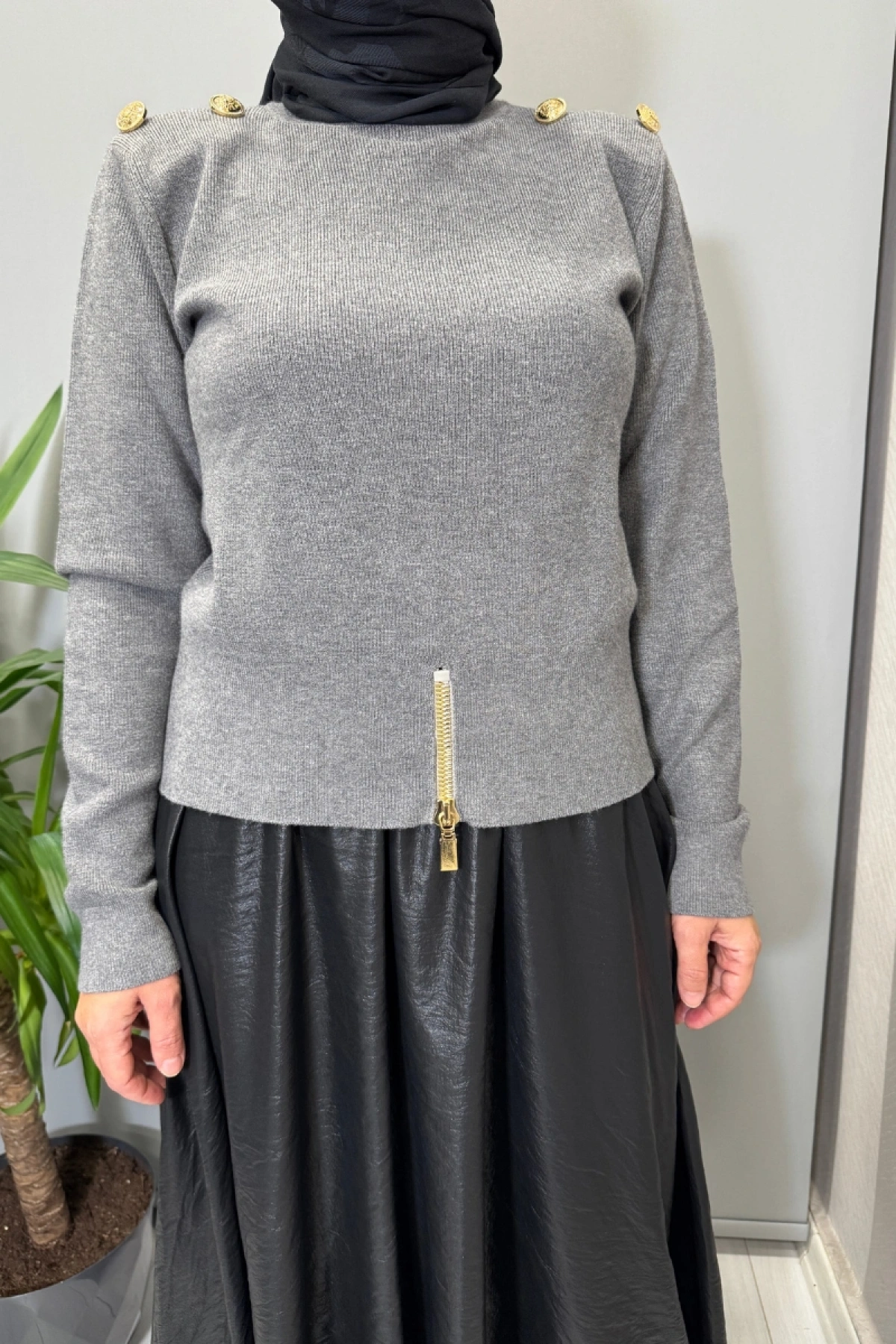 Ghisa Vatkalı Fermuar Detaylı Kazak Gri 26KOBTNK4863