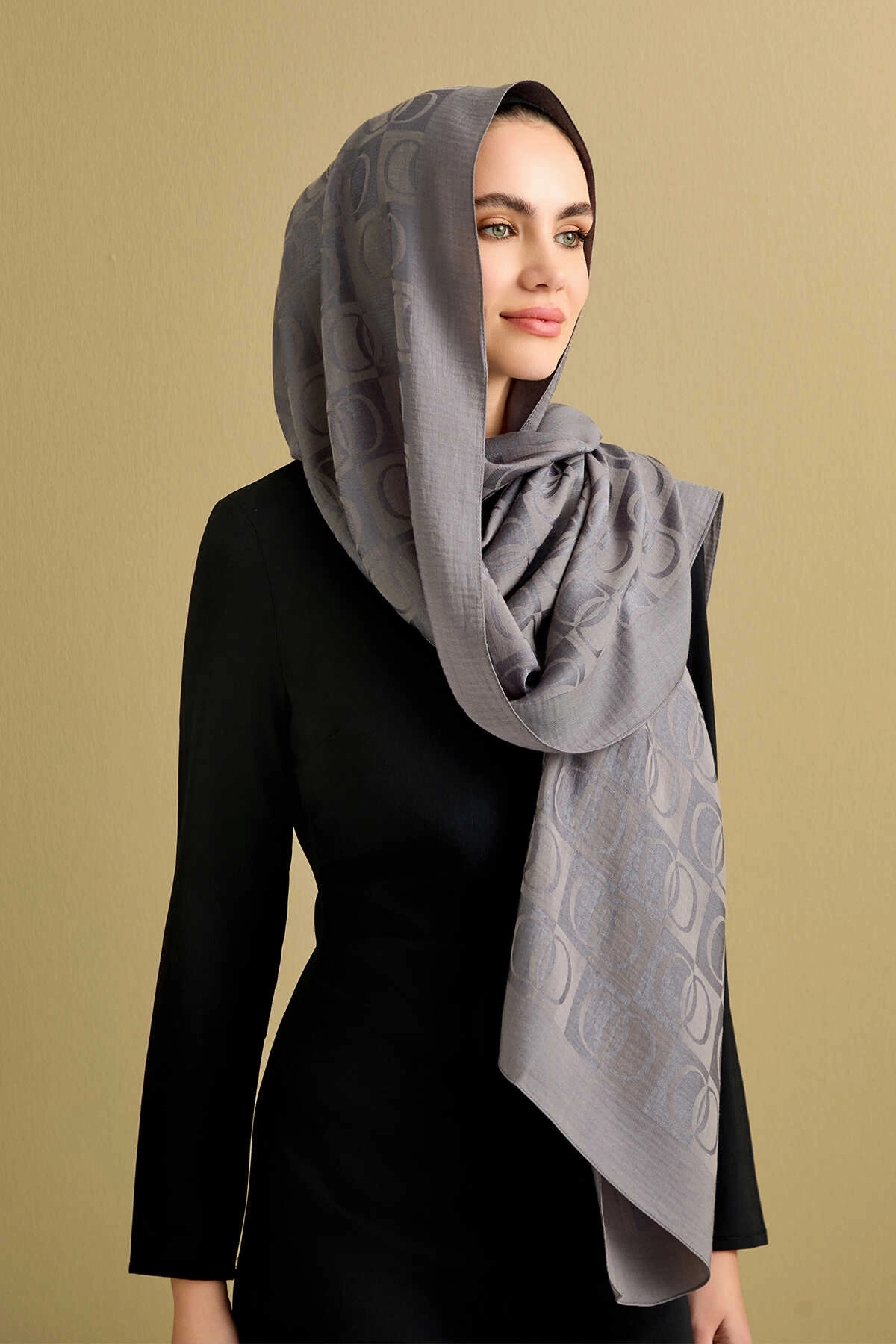 İmannoor Dama Desen Antrasit Naia Pamuk Şal 70x200