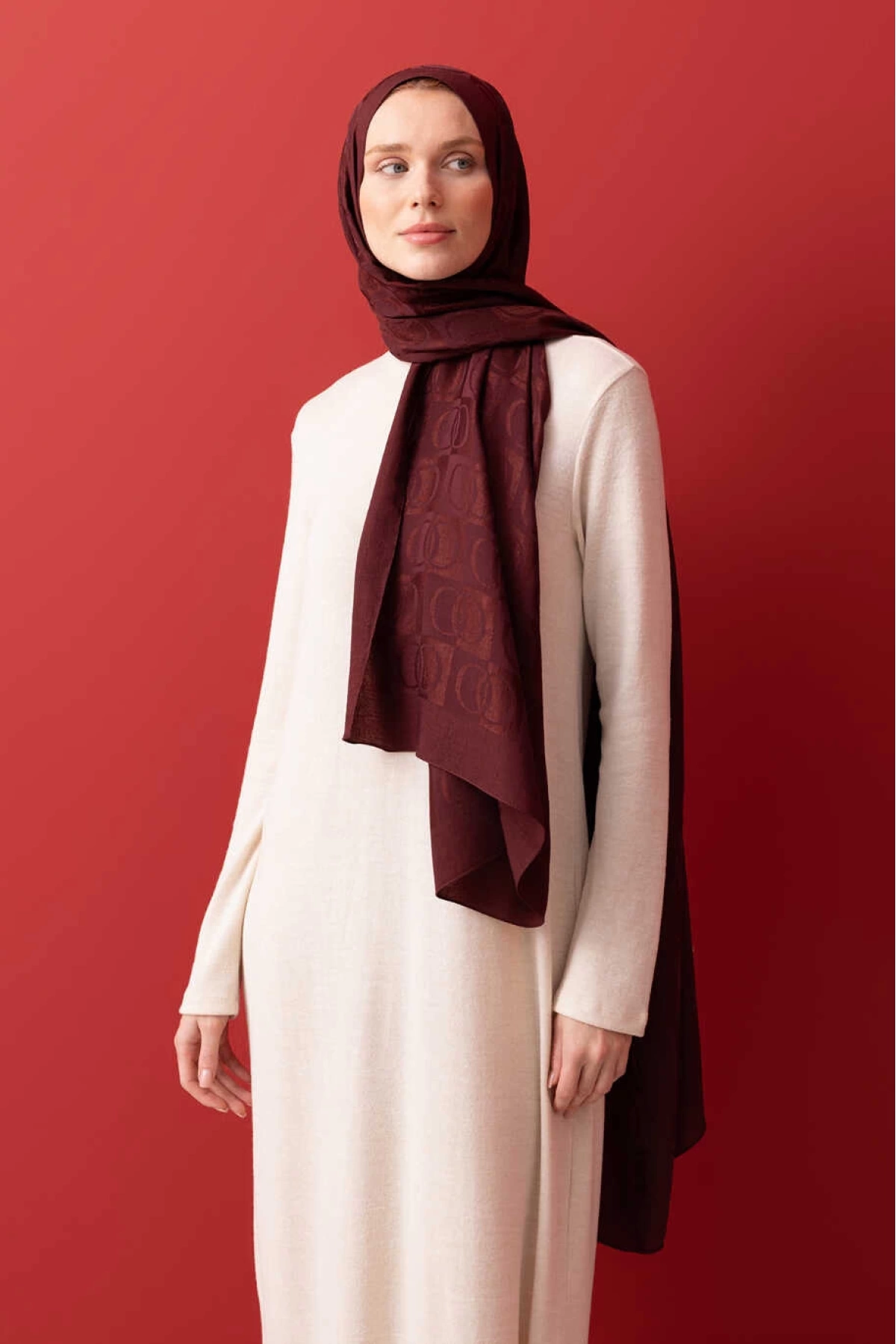 İmannoor Dama Desen Bordo Naia Pamuk Şal 70x200
