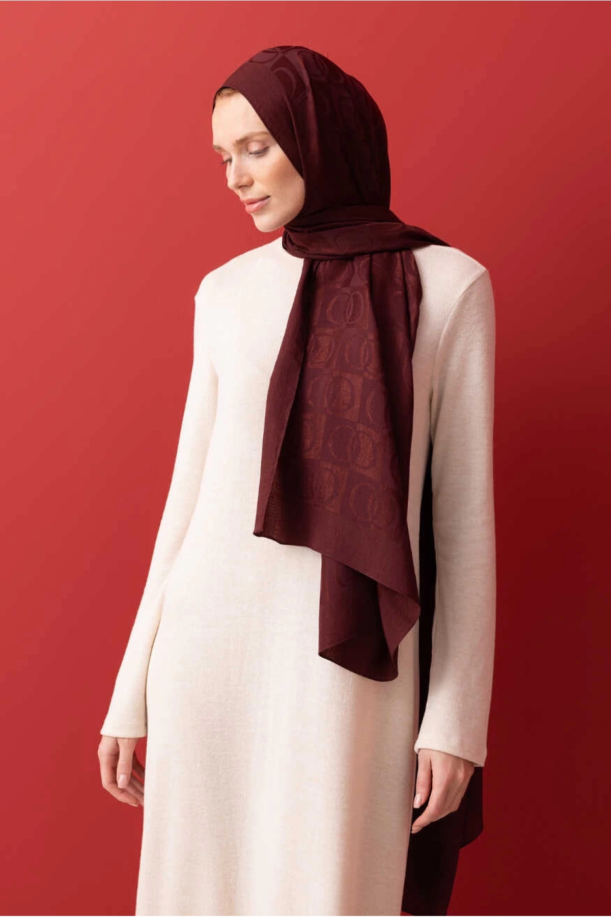 İmannoor Dama Desen Bordo Naia Pamuk Şal 70x200